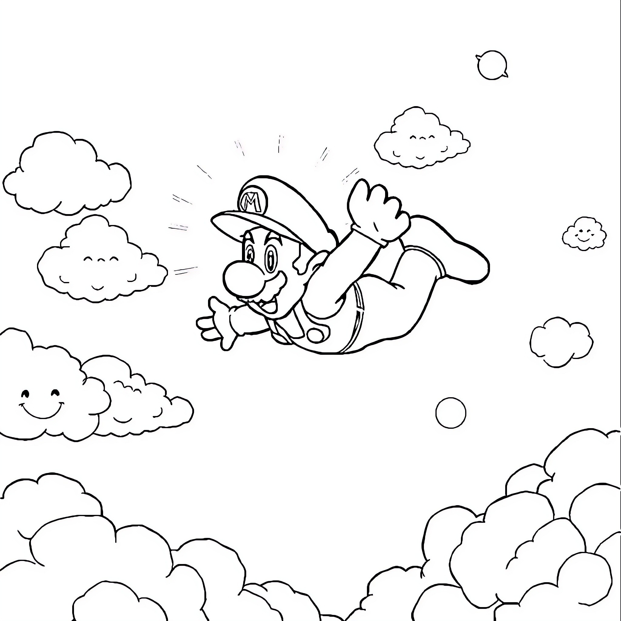 Mario jumping happily through the clouds Coloring Page (free black-and-white line drawing printable PDF for all, from beginners to advanced learners, including children, teens, adults, and seniors)