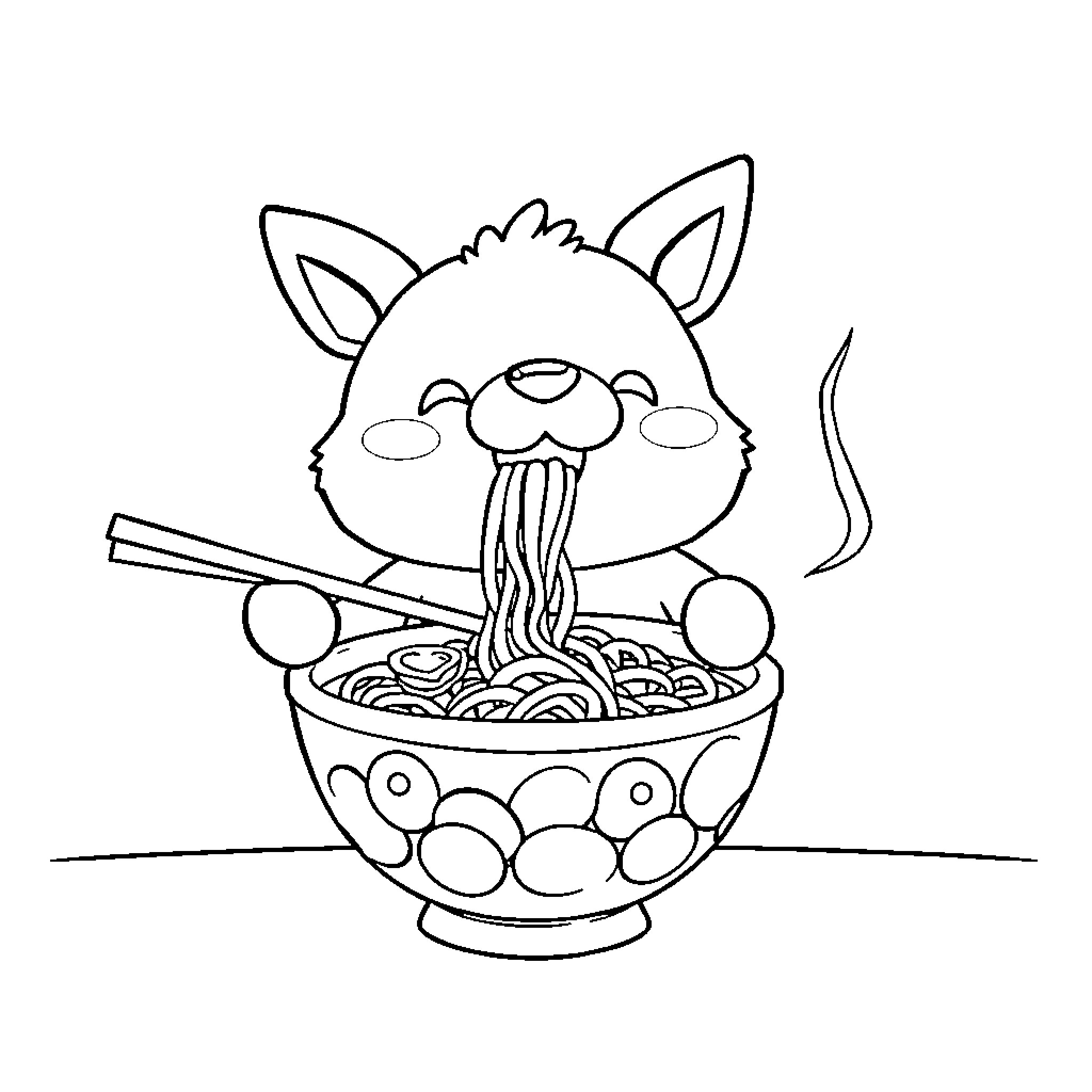 Labubu Enjoying a Bowl of Noodles Coloring Page (free black-and-white line drawing printable PDF for all, from beginners to advanced learners, including children, teens, adults, and seniors)
