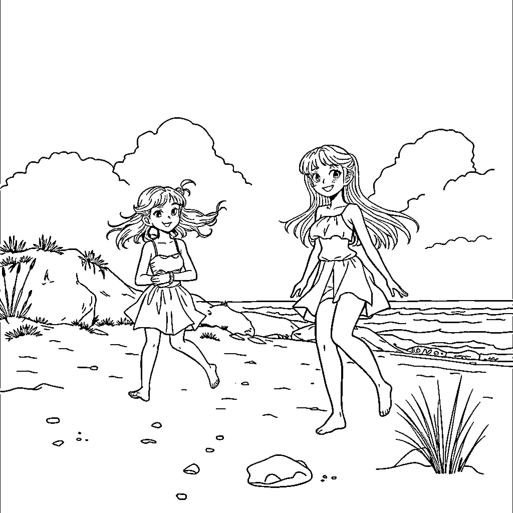 Girls exploring the beach on a sunny day Coloring Page (free black-and-white line drawing printable PDF for all, from beginners to advanced learners, including children, teens, adults, and seniors)