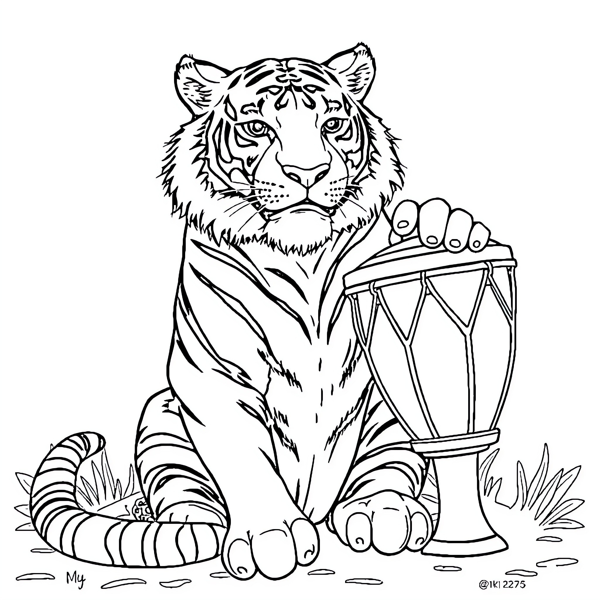 Tiger holding a lantern in the wilderness Coloring Page (free black-and-white line drawing printable PDF for all, from beginners to advanced learners, including children, teens, adults, and seniors)