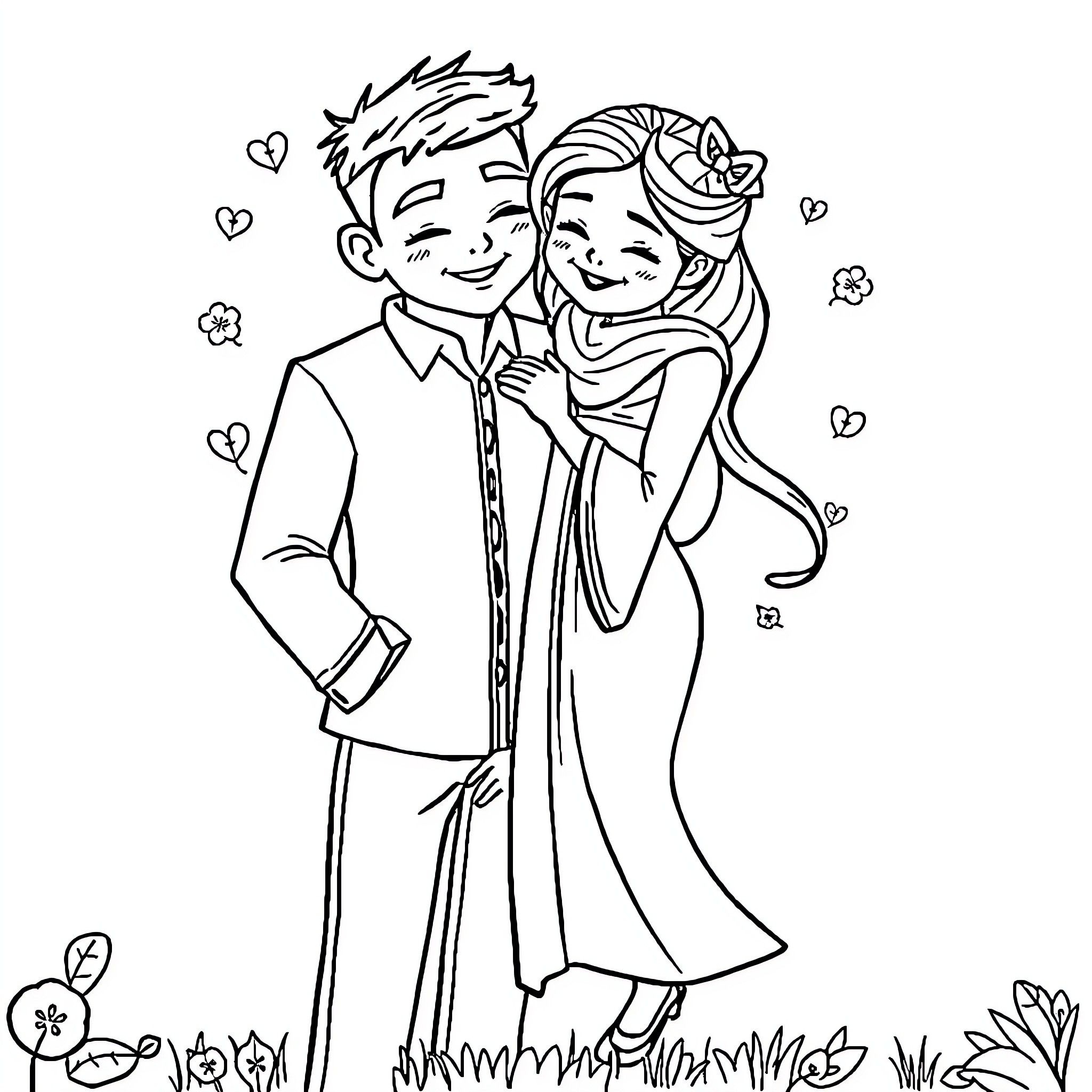 Love Embracing Couple in Romantic Scene Coloring Page (free black-and-white line drawing printable PDF for all, from beginners to advanced learners, including children, teens, adults, and seniors)
