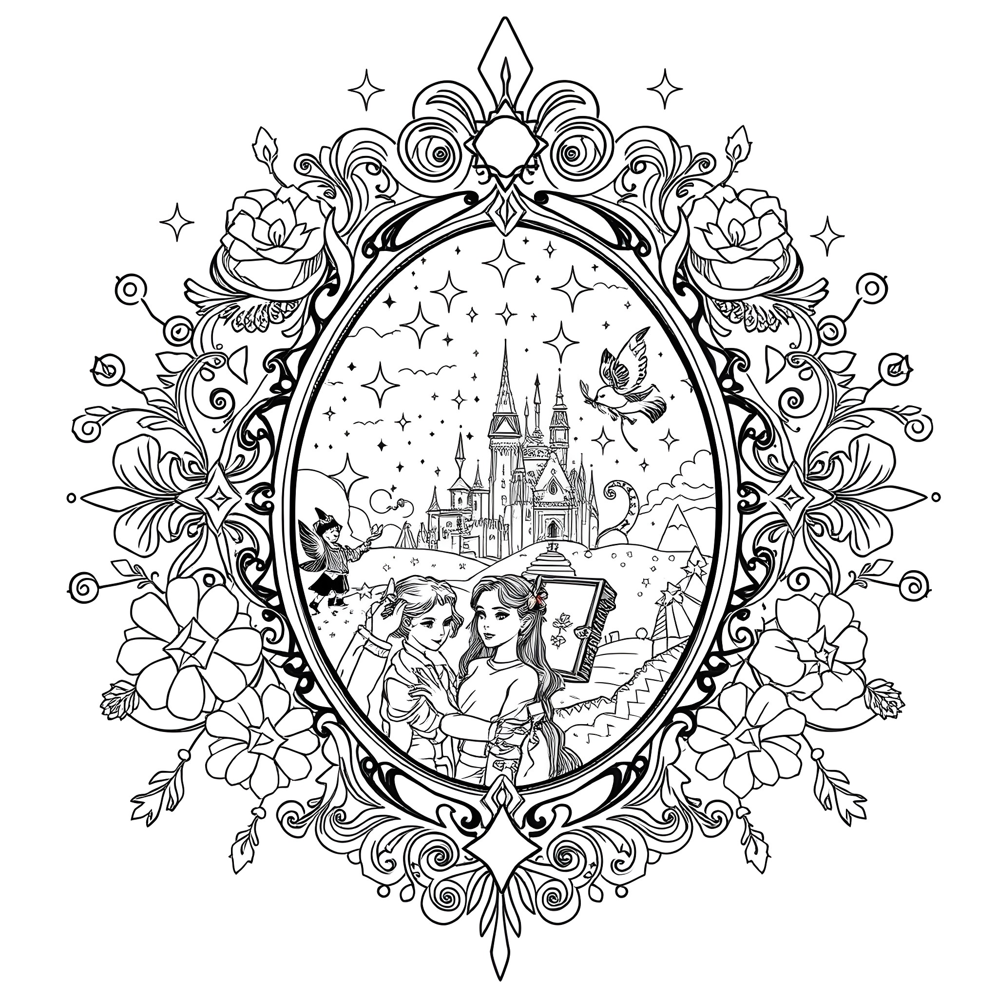Mirror with Floral Frame and Fairytale Scene Coloring Page (free black-and-white line drawing printable PDF for all, from beginners to advanced learners, including children, teens, adults, and seniors)