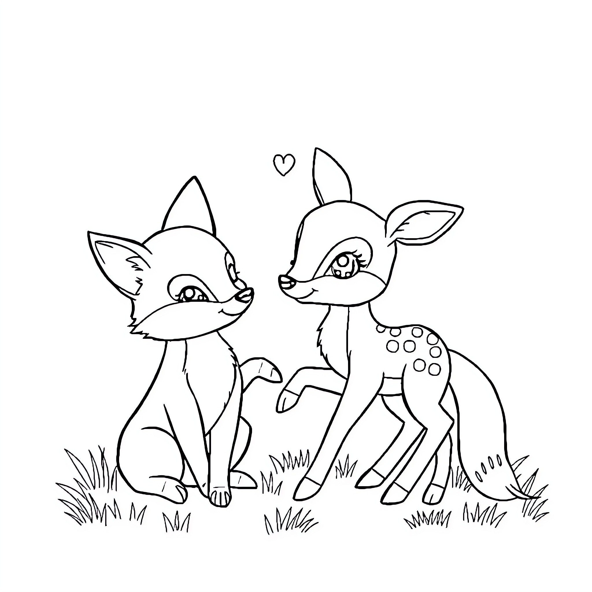 Fox friends playing in the grass Coloring Page (free black-and-white line drawing printable PDF for all, from beginners to advanced learners, including children, teens, adults, and seniors)