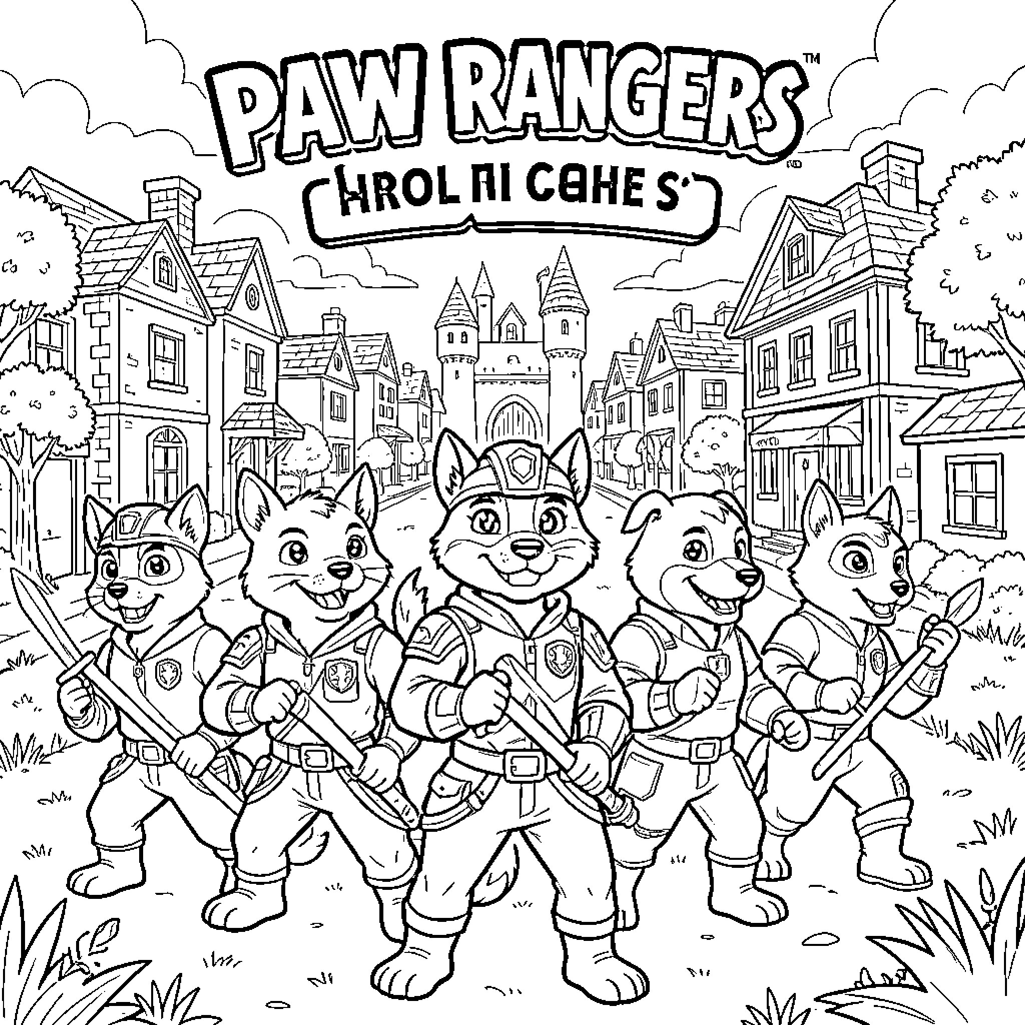 Paw Rangers posing heroically in a town street Coloring Page (free black-and-white line drawing printable PDF for all, from beginners to advanced learners, including children, teens, adults, and seniors)