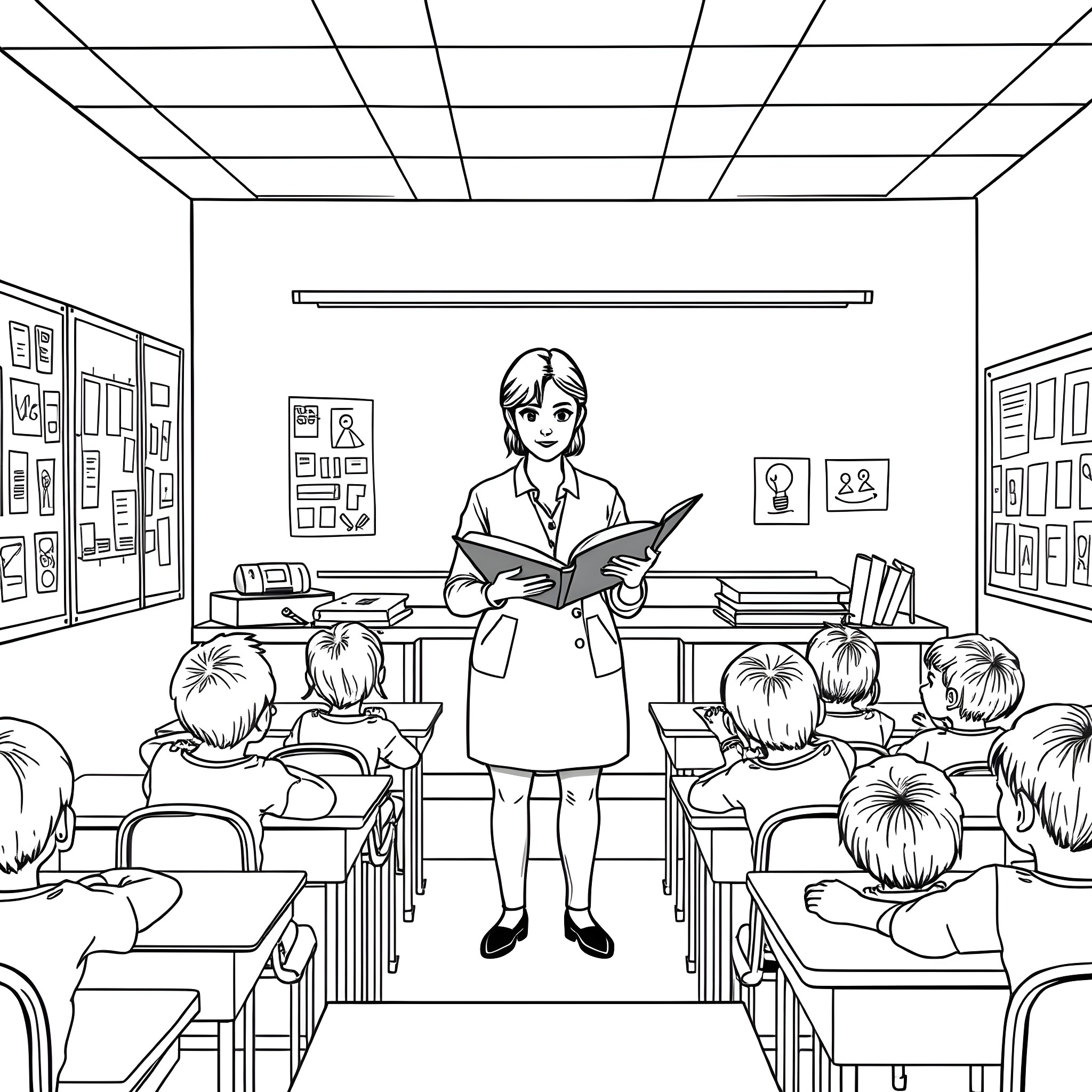 Teacher guiding students in the classroom Coloring Page (free black-and-white line drawing printable PDF for all, from beginners to advanced learners, including children, teens, adults, and seniors)