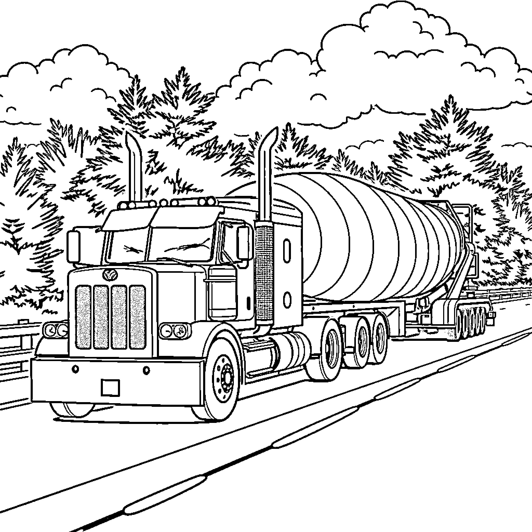 Truck transporting large cargo on the highway Coloring Page (free black-and-white line drawing printable PDF for all, from beginners to advanced learners, including children, teens, adults, and seniors)