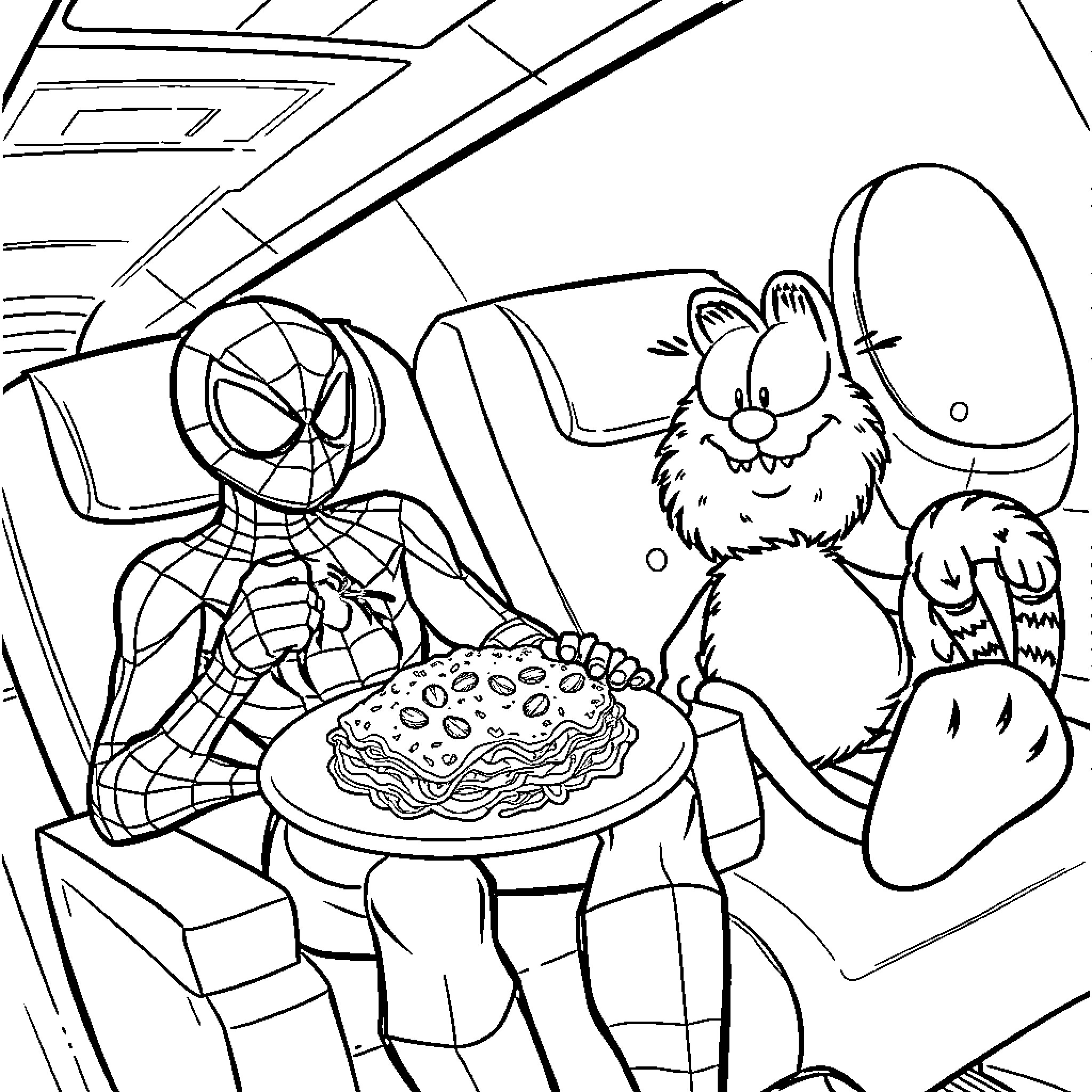 Spiderman enjoys a pizza with a furry friend Coloring Page (free black-and-white line drawing printable PDF for all, from beginners to advanced learners, including children, teens, adults, and seniors)