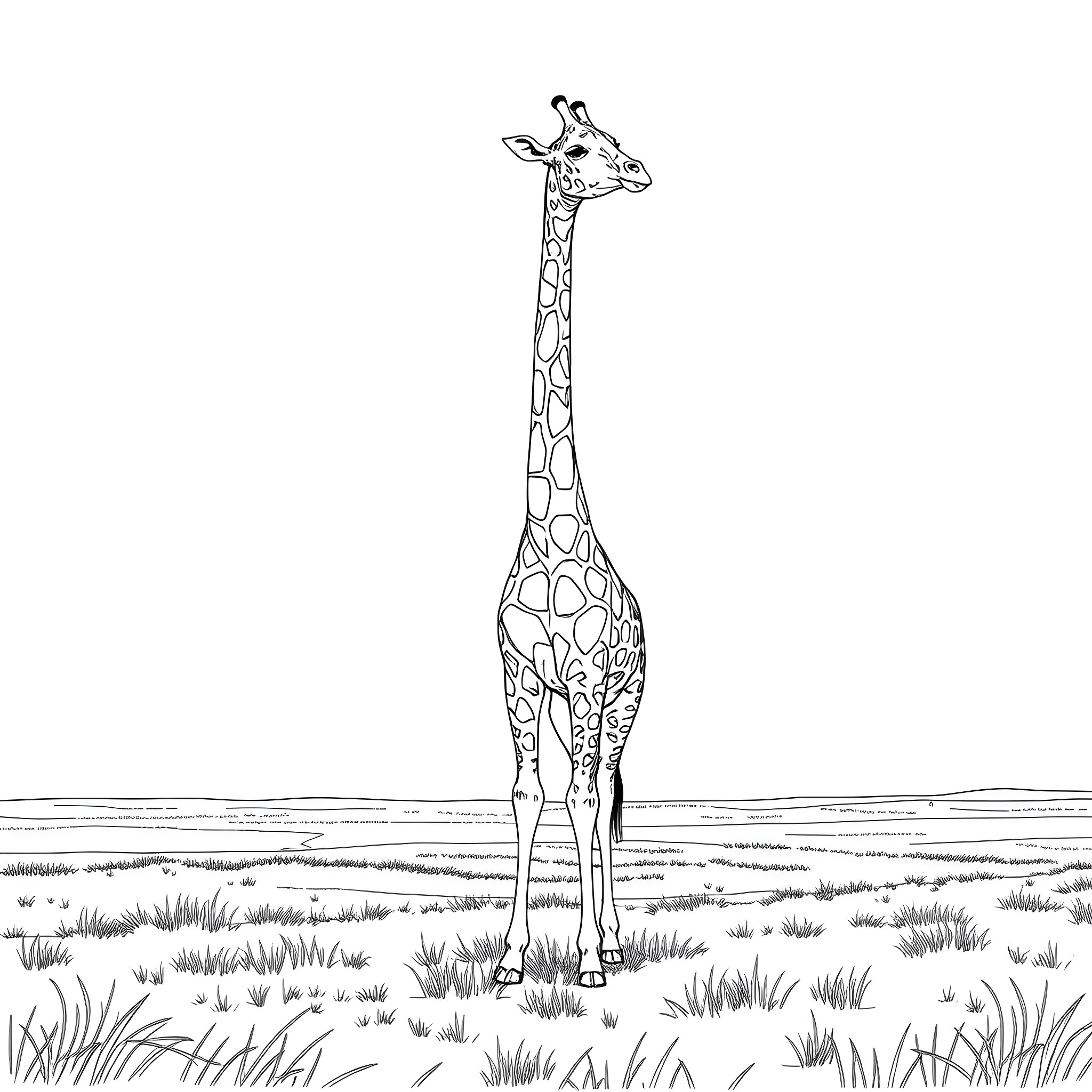 Giraffe standing proudly in the savanna Coloring Page (free black-and-white line drawing printable PDF for all, from beginners to advanced learners, including children, teens, adults, and seniors)