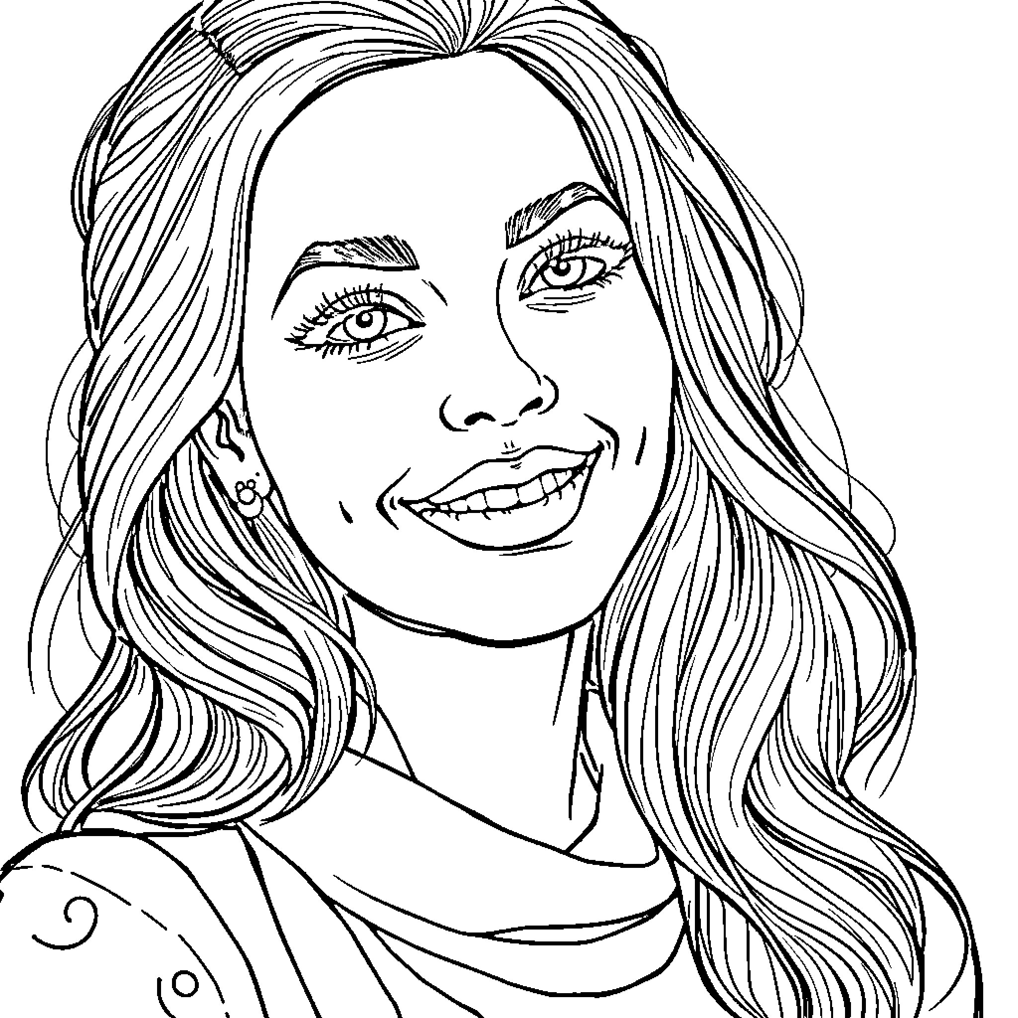 Self Portrait of a Smiling Woman with Long Hair Coloring Page (free black-and-white line drawing printable PDF for all, from beginners to advanced learners, including children, teens, adults, and seniors)