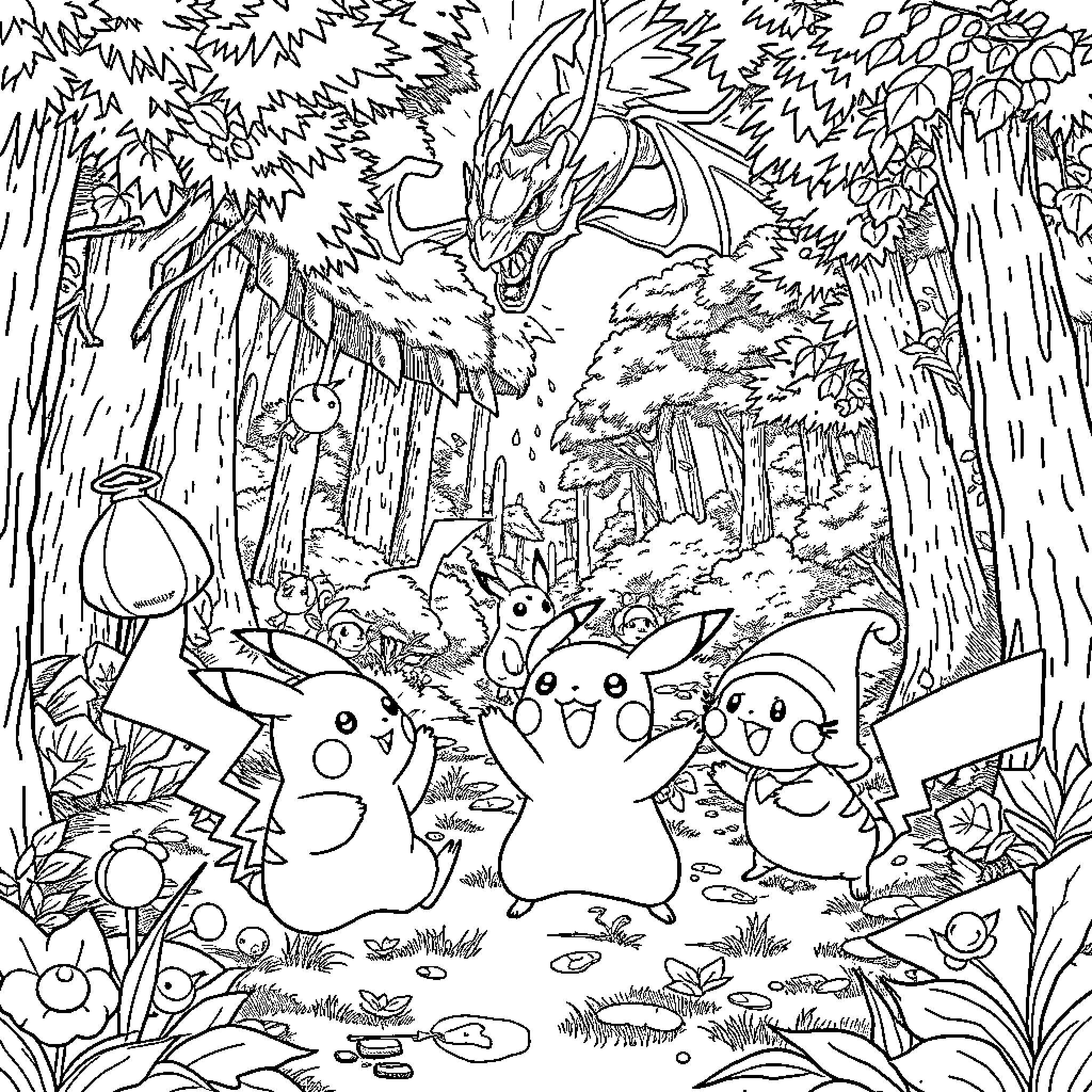 Pikachu and Pokemon friends exploring the enchanted forest Coloring Page (free black-and-white line drawing printable PDF for all, from beginners to advanced learners, including children, teens, adults, and seniors)