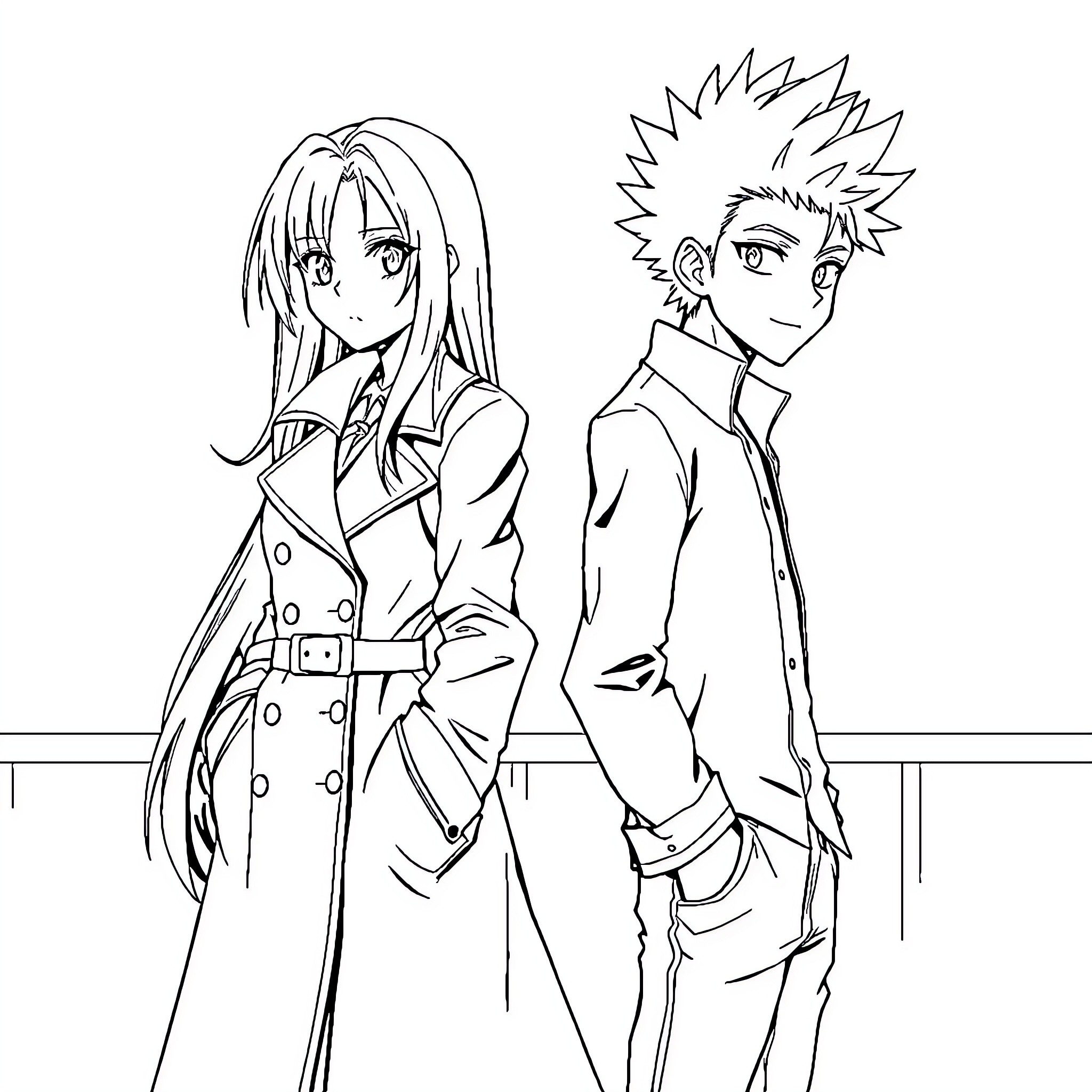 Anime Characters in Casual Outfits Coloring Page (free black-and-white line drawing printable PDF for all, from beginners to advanced learners, including children, teens, adults, and seniors)