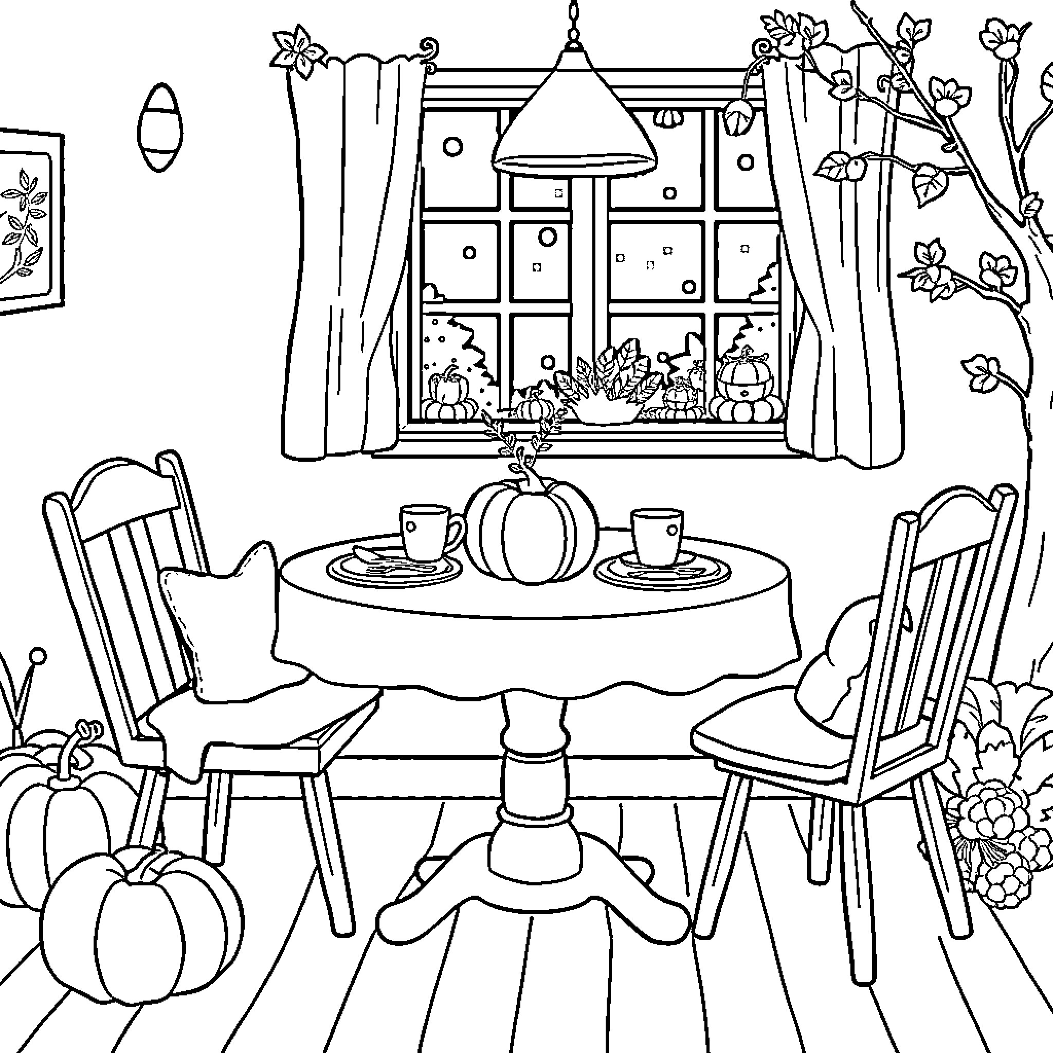 Fall Scene with Cozy Home Decor Coloring Page (free black-and-white line drawing printable PDF for all, from beginners to advanced learners, including children, teens, adults, and seniors)
