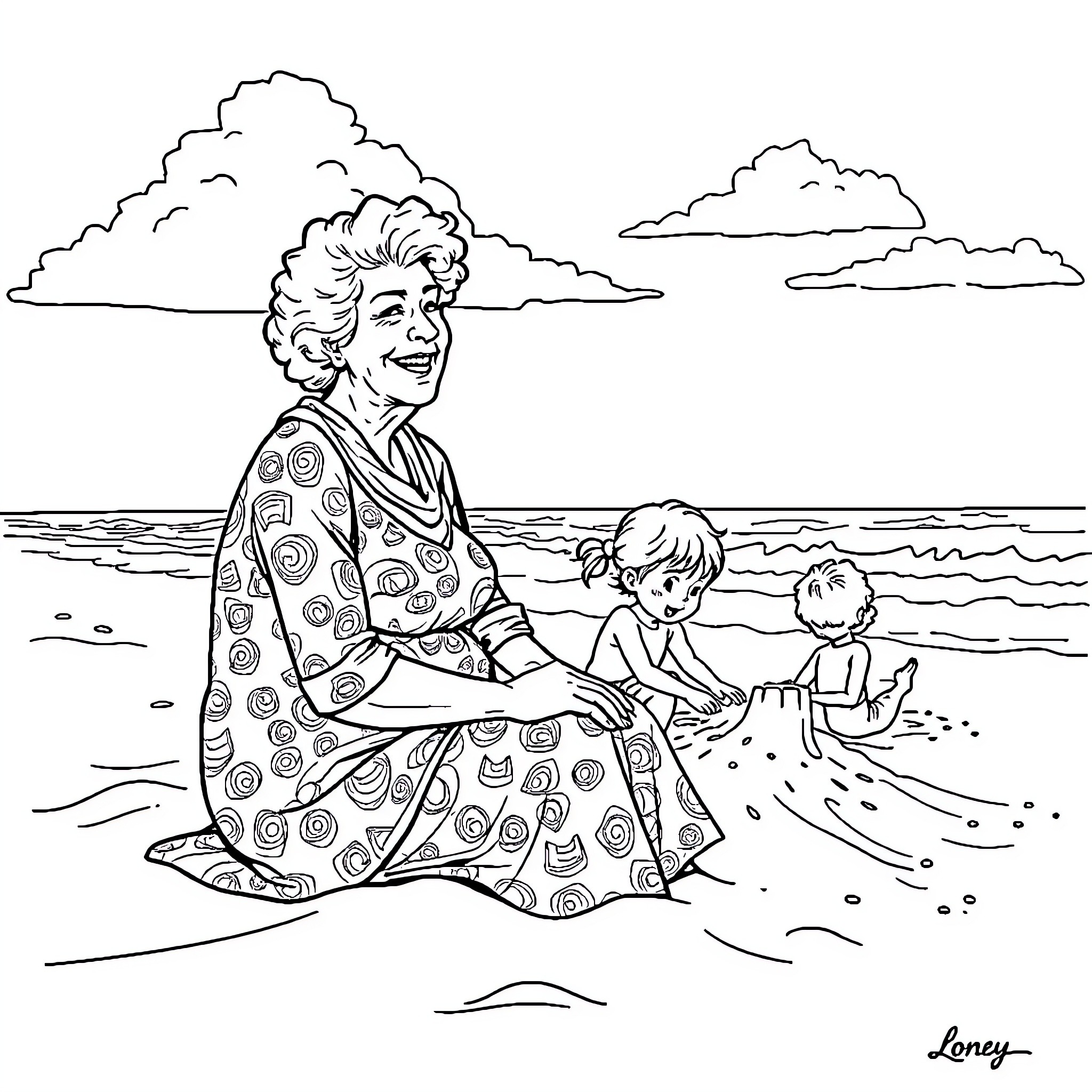 Grandma playing with grandchildren by the shore Coloring Page (free black-and-white line drawing printable PDF for all, from beginners to advanced learners, including children, teens, adults, and seniors)