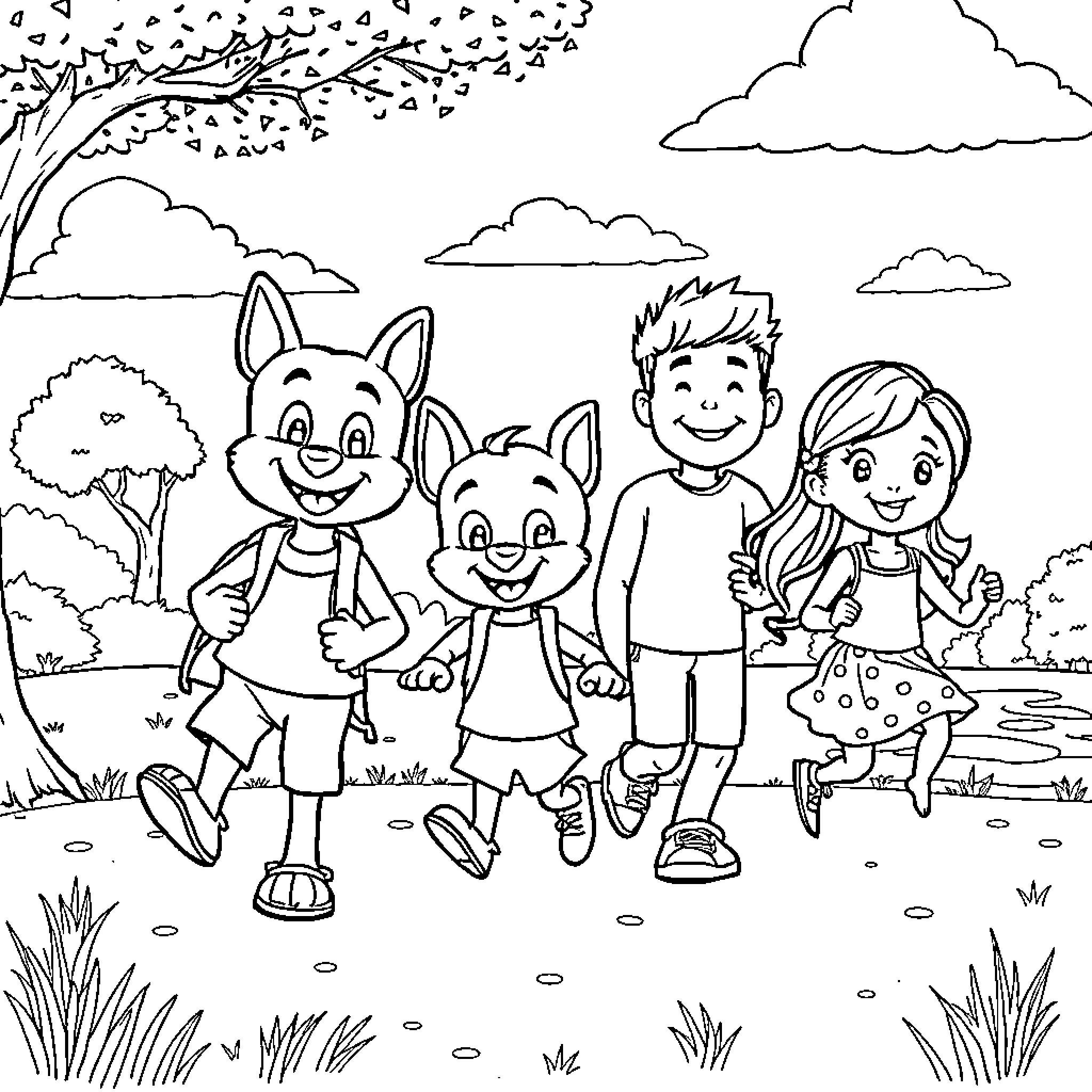 Bluey and friends enjoying outdoor adventure Coloring Page (free black-and-white line drawing printable PDF for all, from beginners to advanced learners, including children, teens, adults, and seniors)