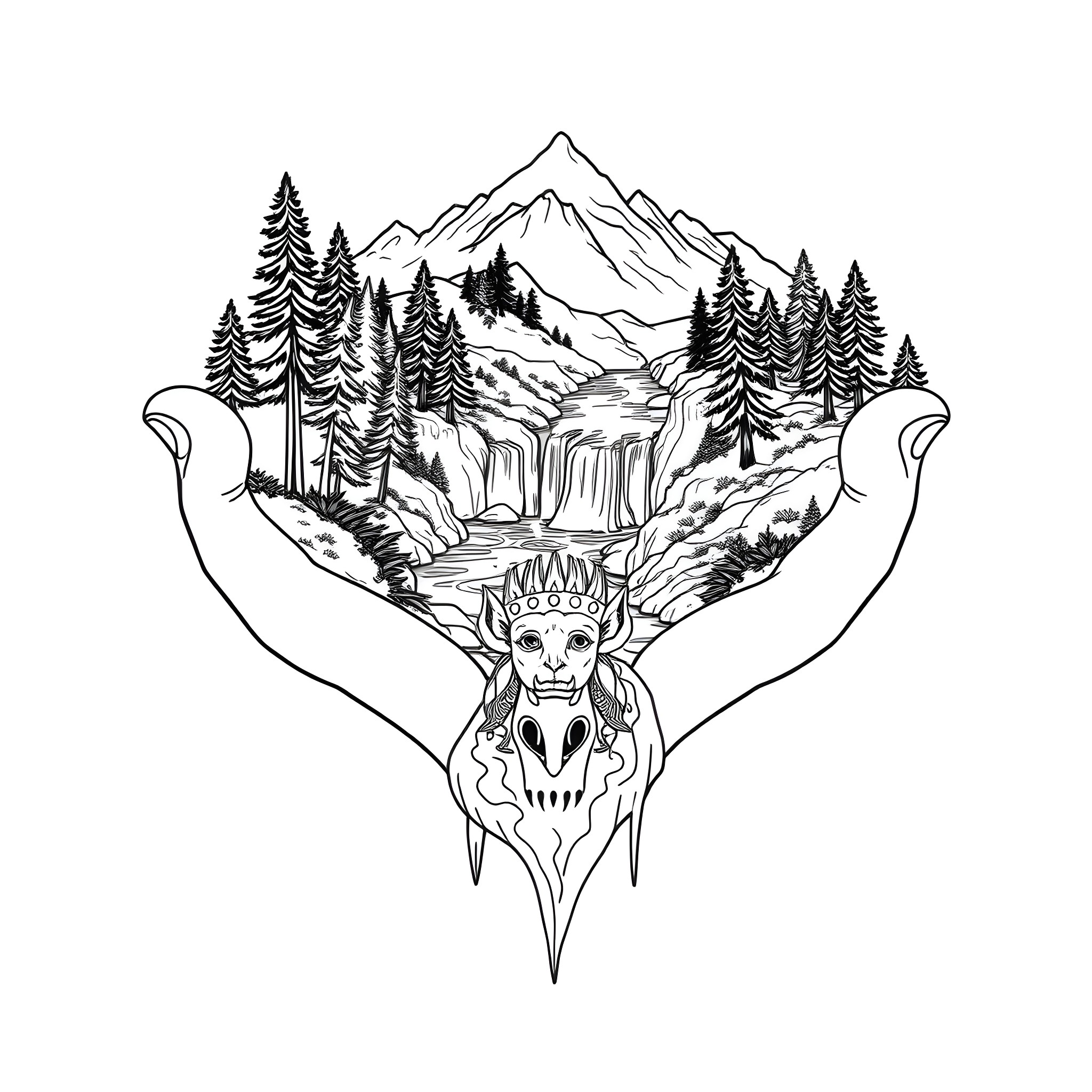 River flowing through a majestic mountain landscape Coloring Page (free black-and-white line drawing printable PDF for all, from beginners to advanced learners, including children, teens, adults, and seniors)