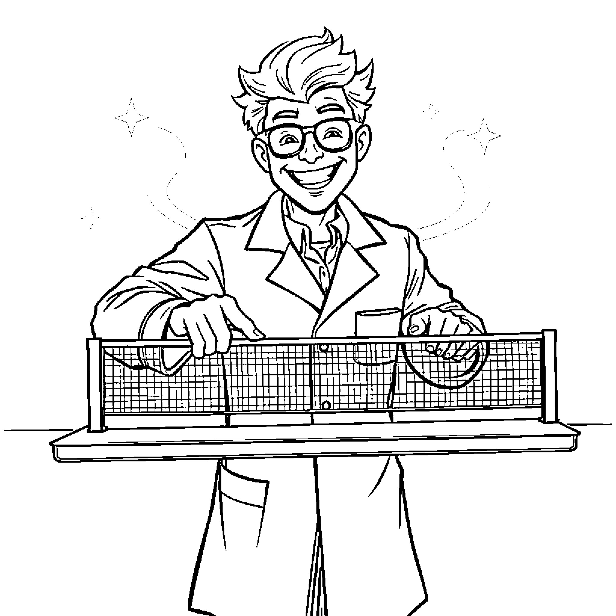 Chemist demonstrating scientific apparatus Coloring Page (free black-and-white line drawing printable PDF for all, from beginners to advanced learners, including children, teens, adults, and seniors)