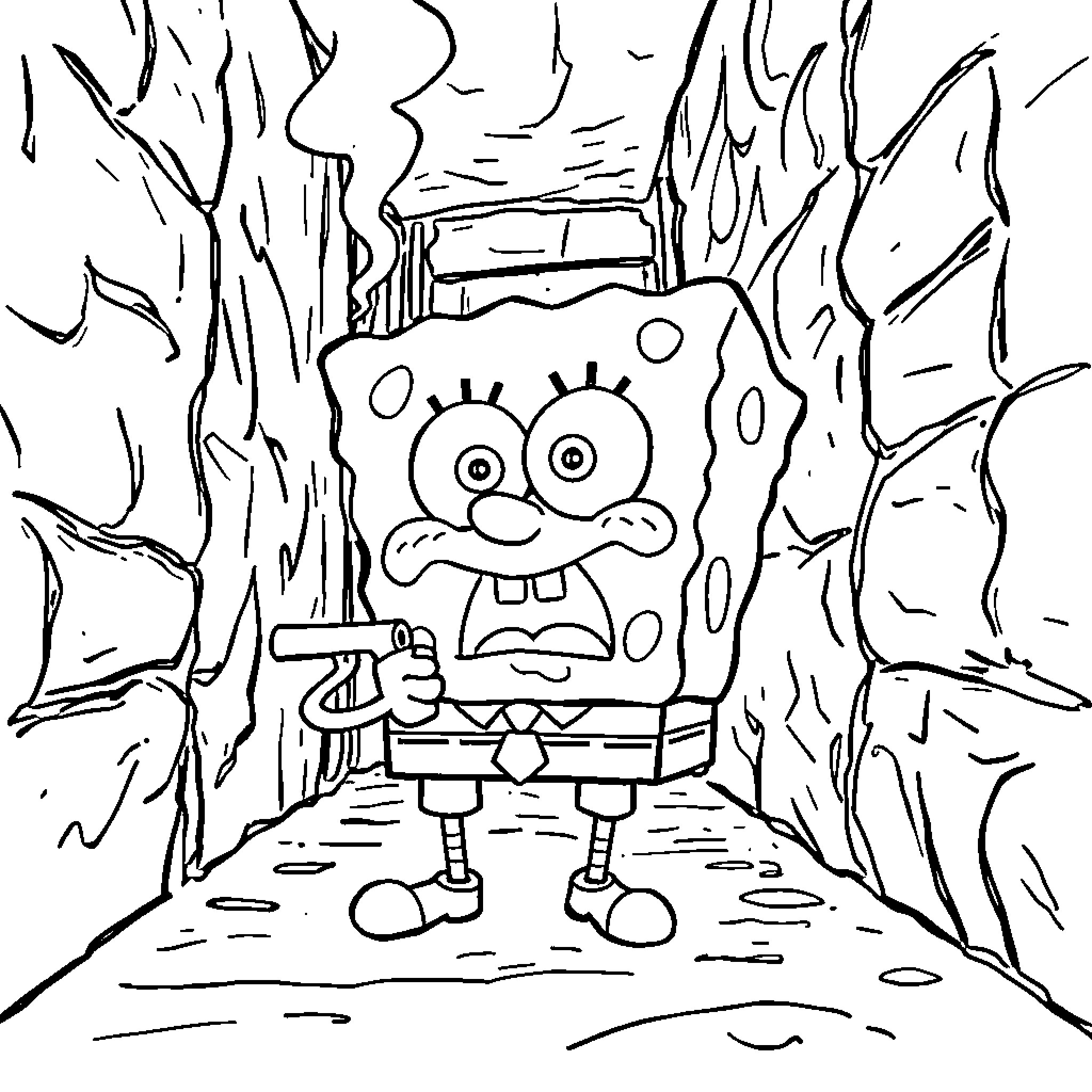 Spongebob in a spooky, haunted environment Coloring Page (free black-and-white line drawing printable PDF for all, from beginners to advanced learners, including children, teens, adults, and seniors)