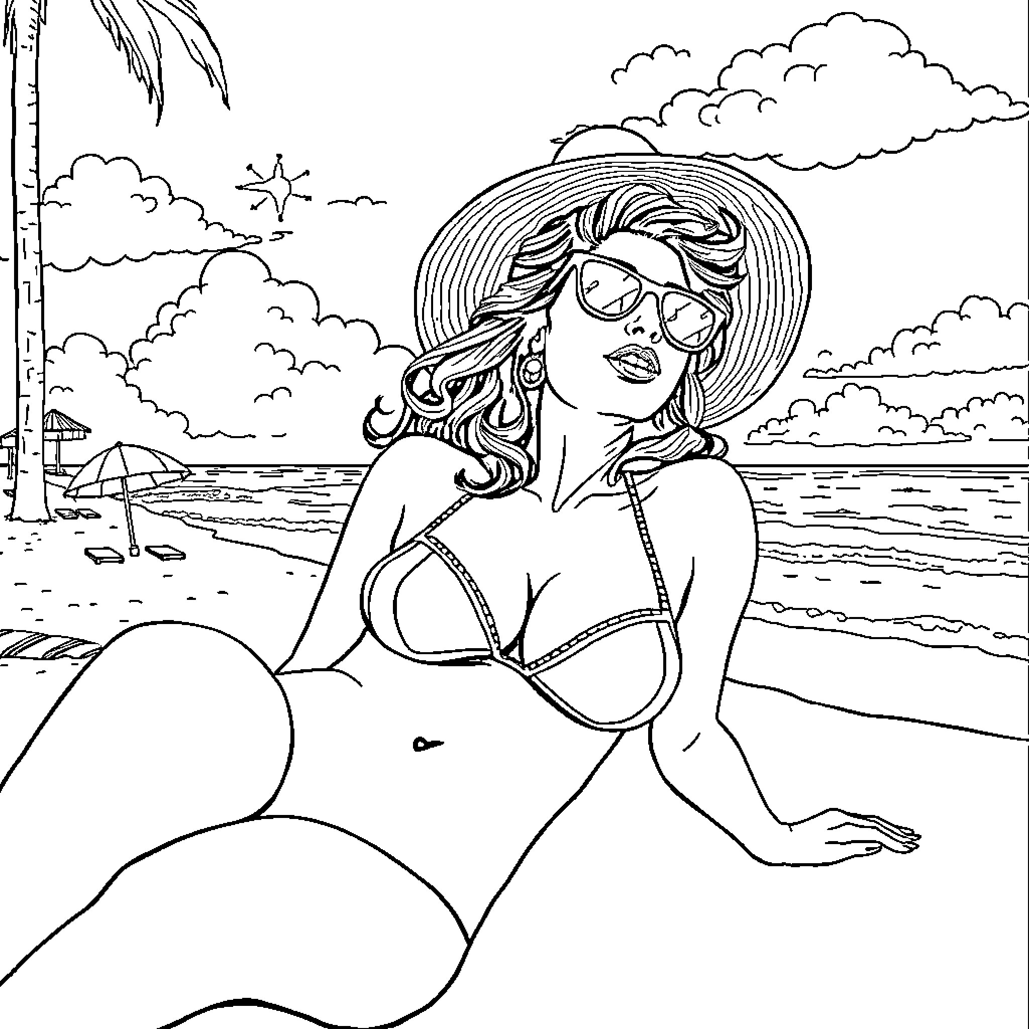 Amy Winehouse relaxing on the beach Coloring Page (free black-and-white line drawing printable PDF for all, from beginners to advanced learners, including children, teens, adults, and seniors)
