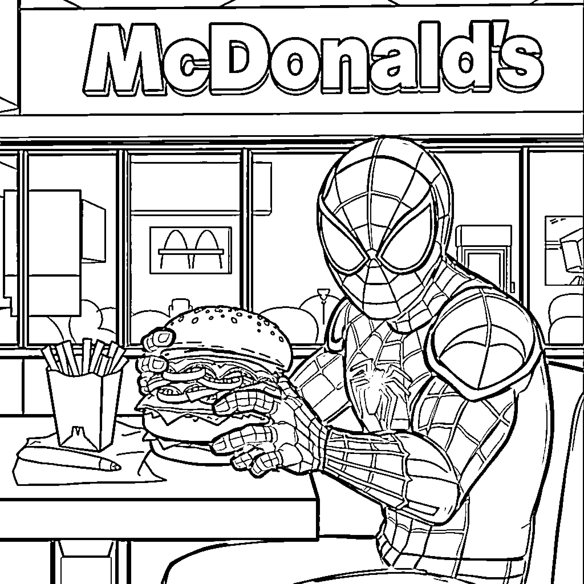 Spiderman orders a giant burger at McDonald's Coloring Page (free black-and-white line drawing printable PDF for all, from beginners to advanced learners, including children, teens, adults, and seniors)