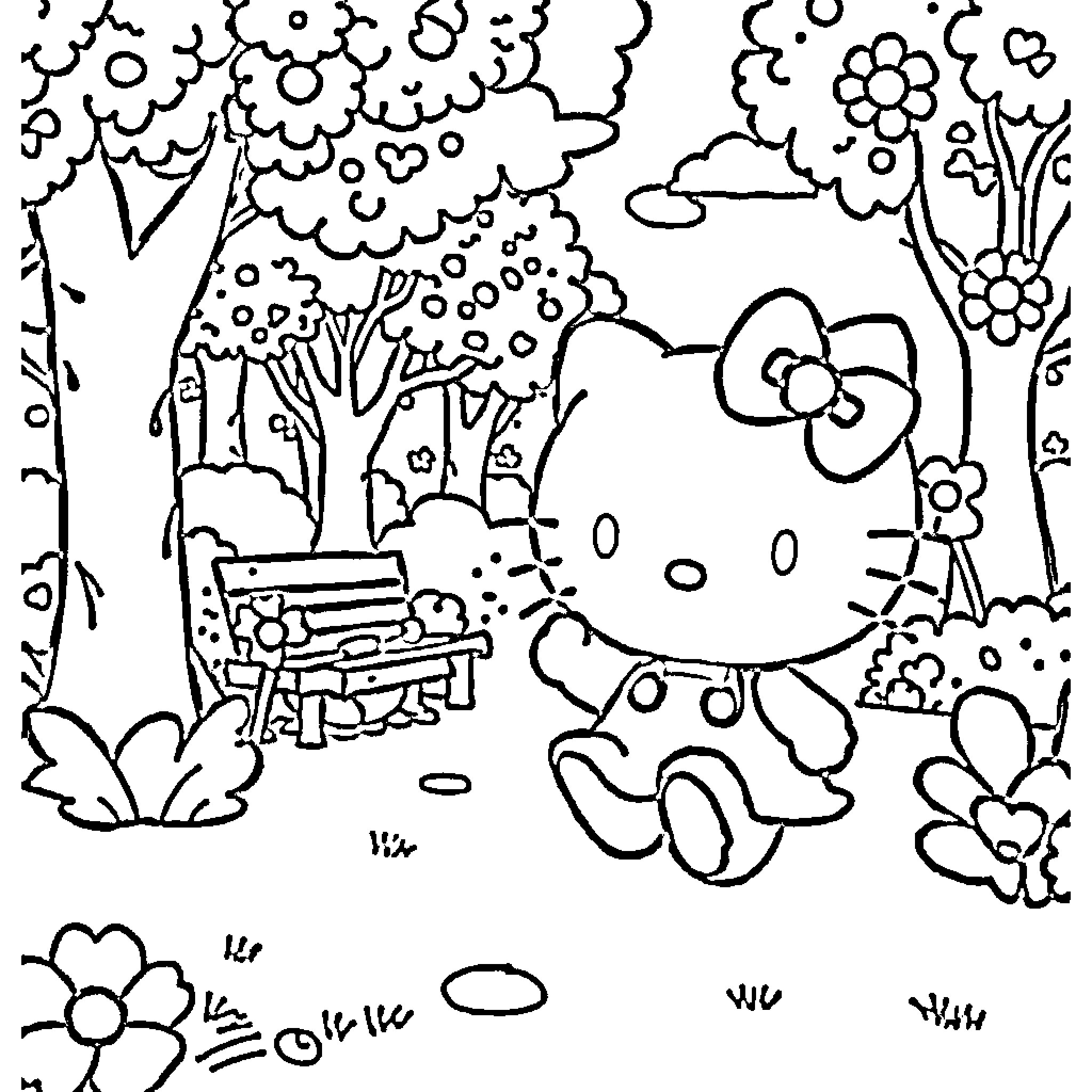 Hello Kitty enjoying a floral garden scene Coloring Page (free black-and-white line drawing printable PDF for all, from beginners to advanced learners, including children, teens, adults, and seniors)