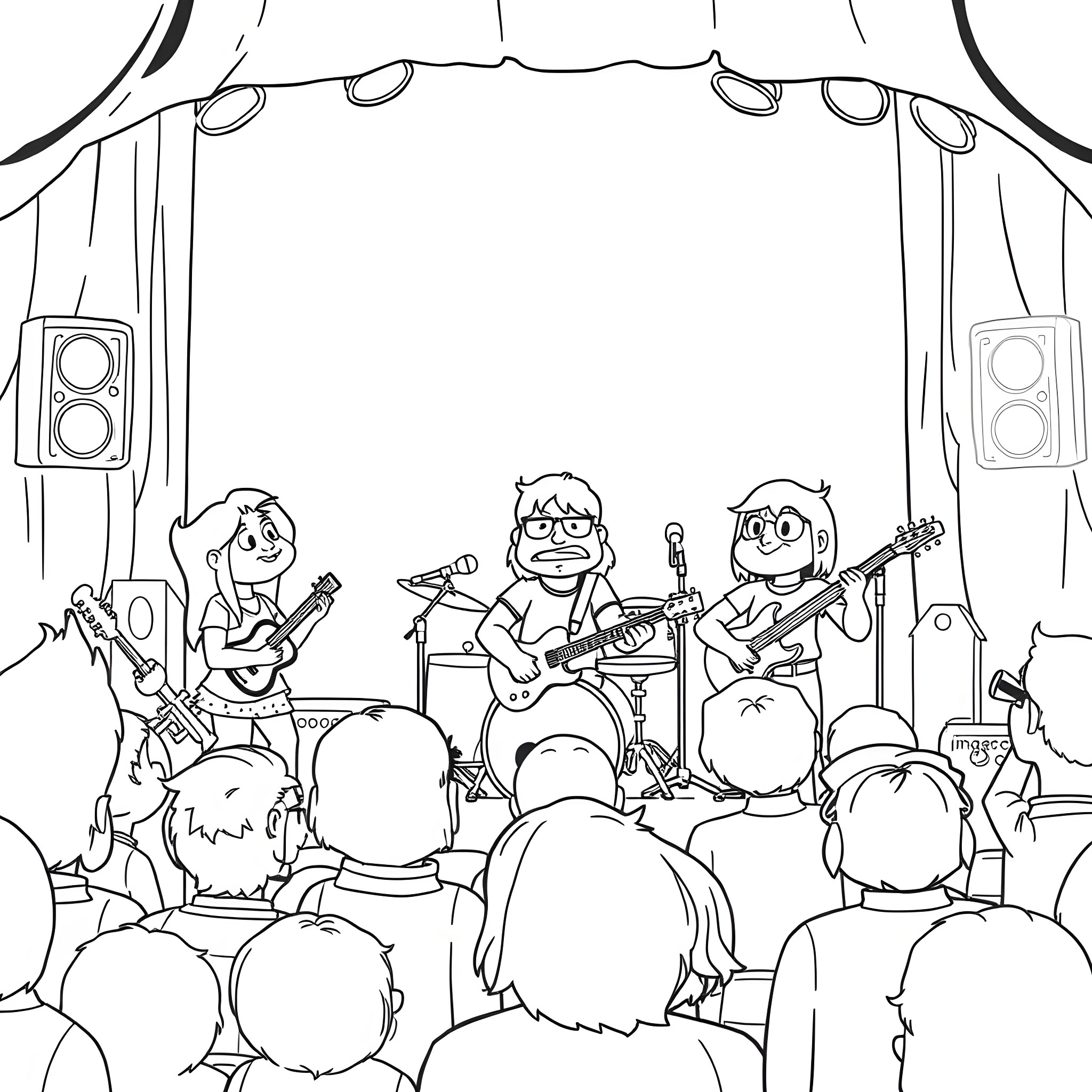 Gravity Falls Band Performing on Stage Coloring Page (free black-and-white line drawing printable PDF for all, from beginners to advanced learners, including children, teens, adults, and seniors)