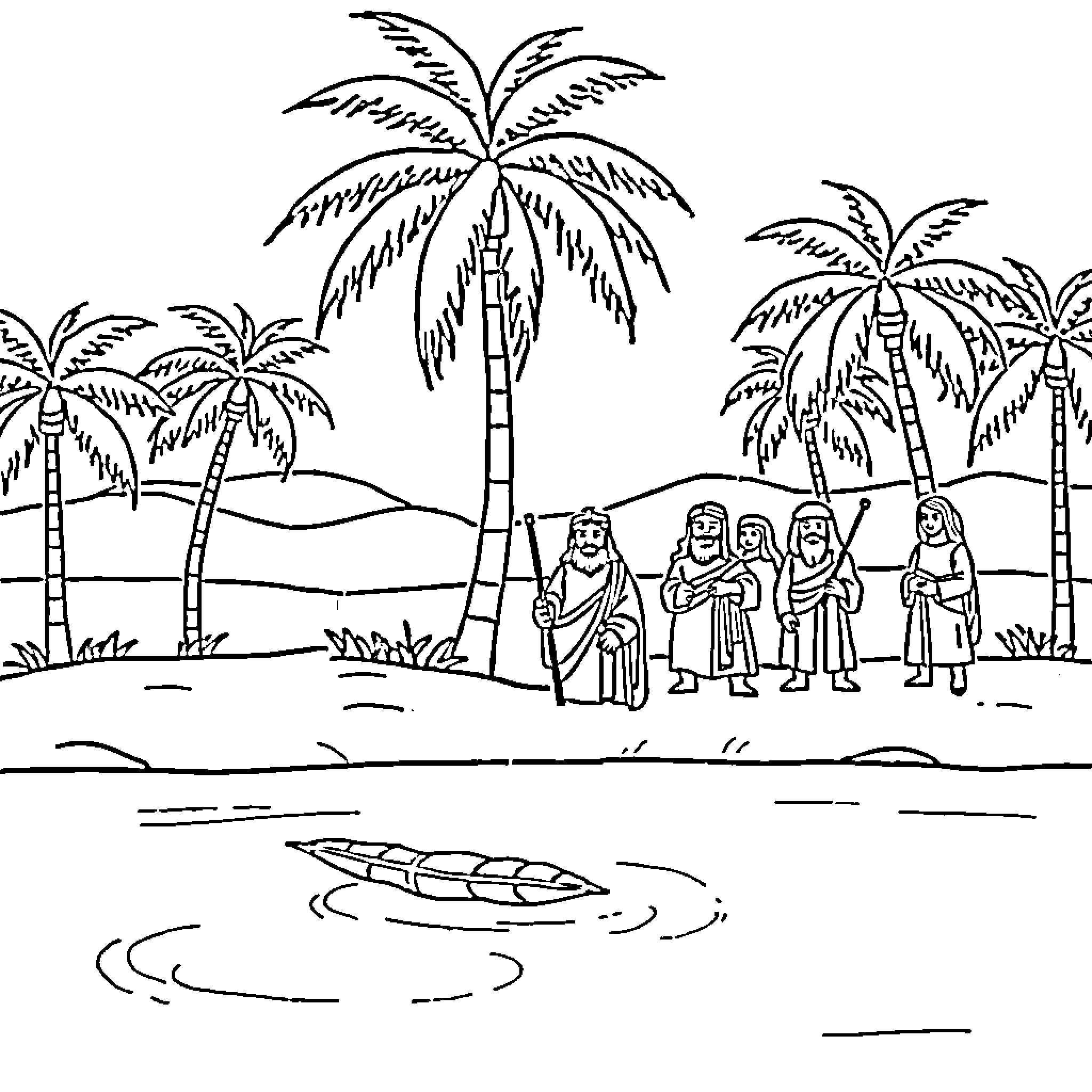Moses and Israelites in the Wilderness Coloring Page (free black-and-white line drawing printable PDF for all, from beginners to advanced learners, including children, teens, adults, and seniors)