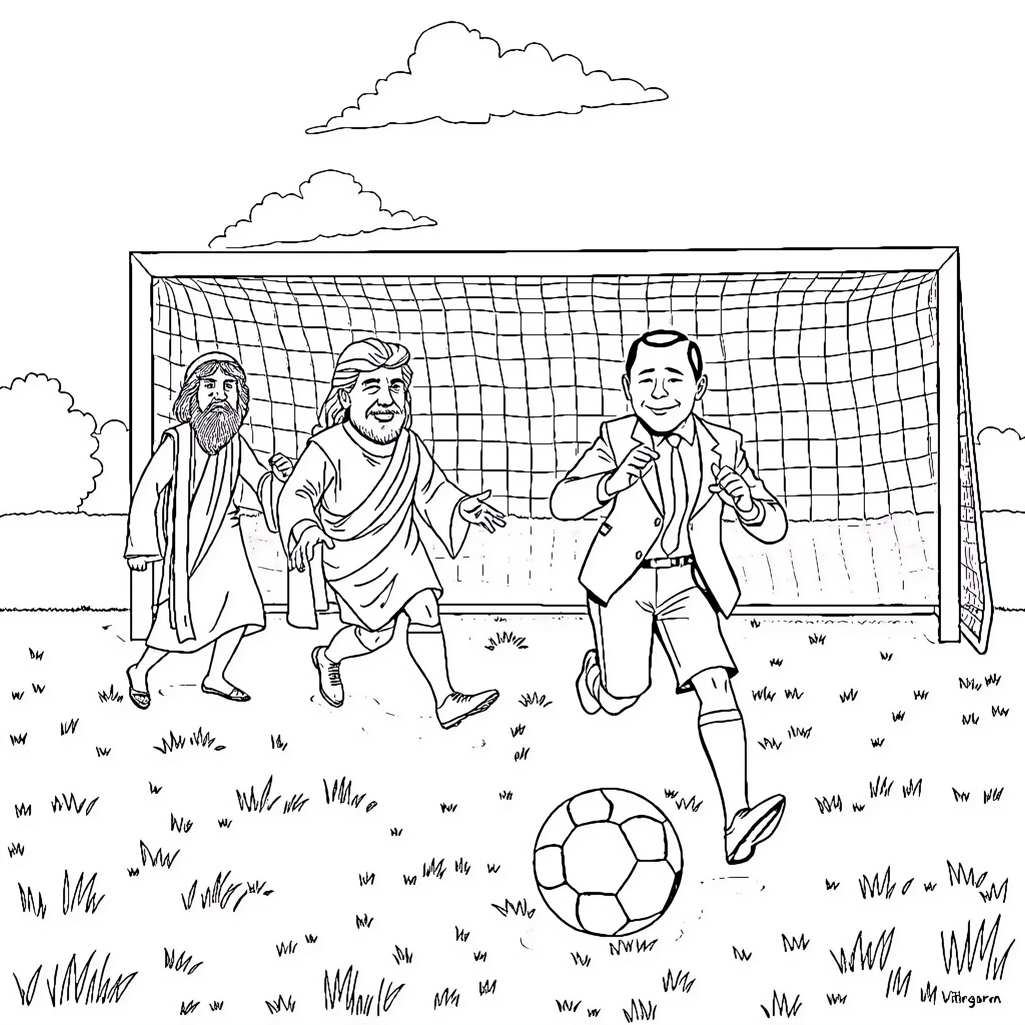 Soccer players enjoying a friendly match on the field Coloring Page (free black-and-white line drawing printable PDF for all, from beginners to advanced learners, including children, teens, adults, and seniors)