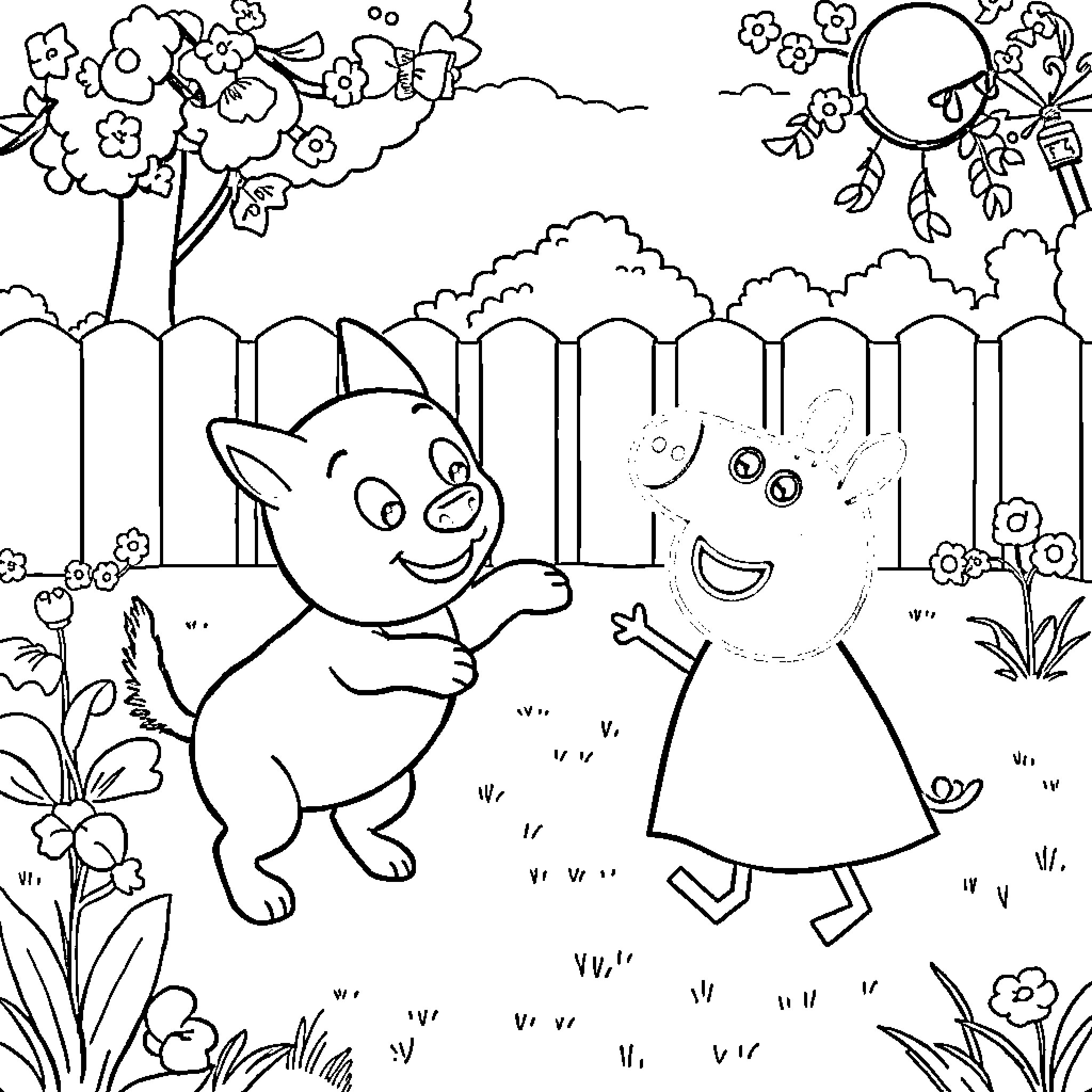 Bluey and Friends Enjoying a Playful Day Outdoors Coloring Page (free black-and-white line drawing printable PDF for all, from beginners to advanced learners, including children, teens, adults, and seniors)