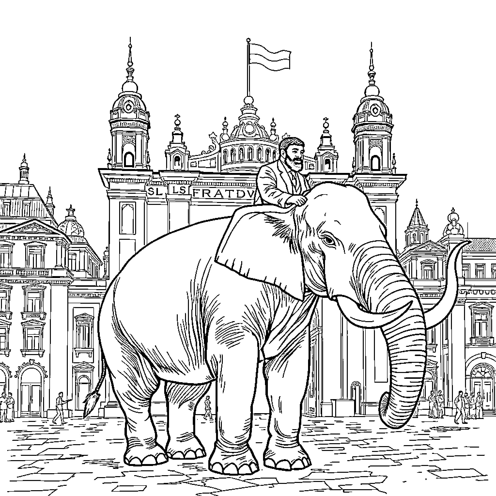 Saddam Hussein riding an elephant in a grand city Coloring Page (free black-and-white line drawing printable PDF for all, from beginners to advanced learners, including children, teens, adults, and seniors)