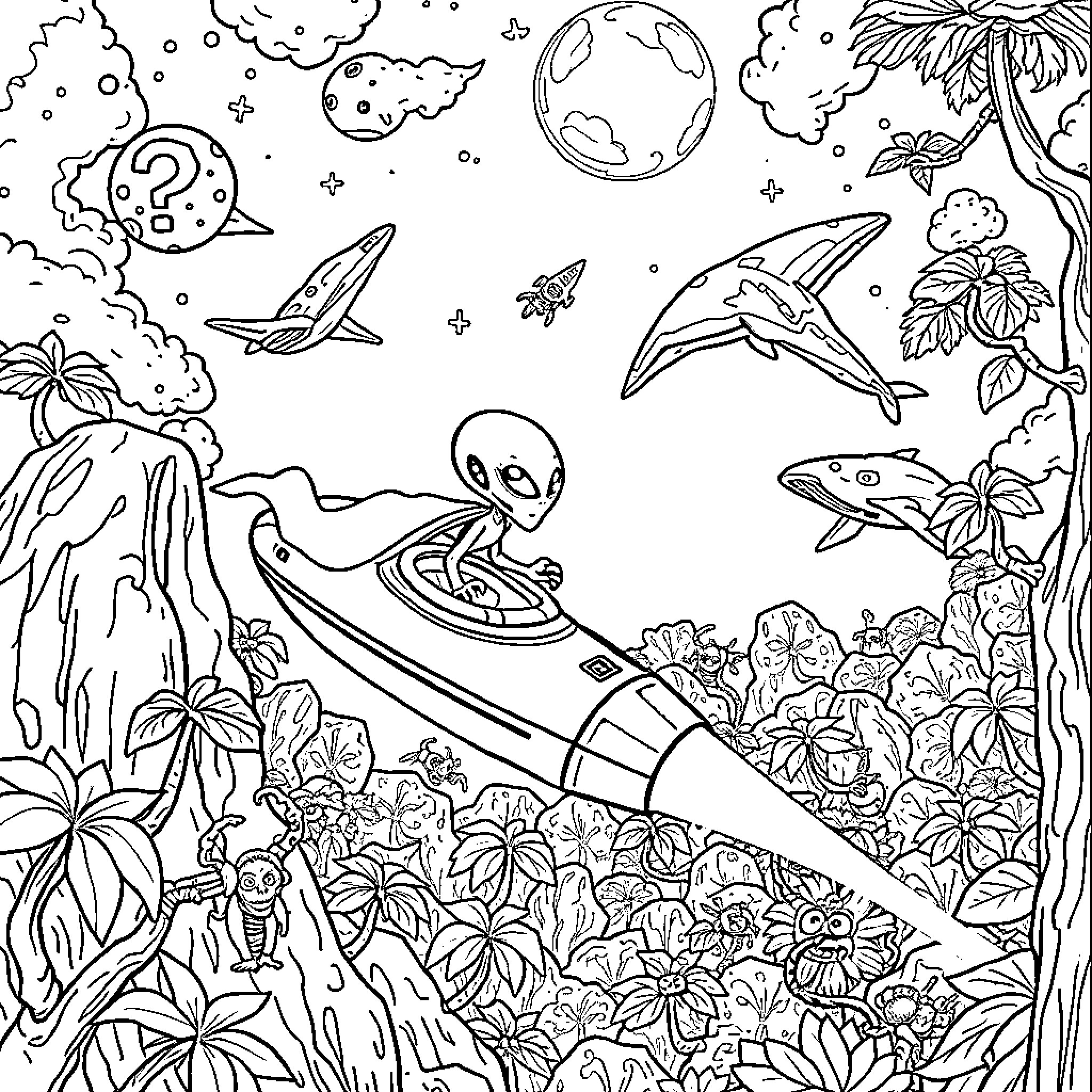 Alien Spacecraft Exploring a Mysterious Cosmic Landscape Coloring Page (free black-and-white line drawing printable PDF for all, from beginners to advanced learners, including children, teens, adults, and seniors)
