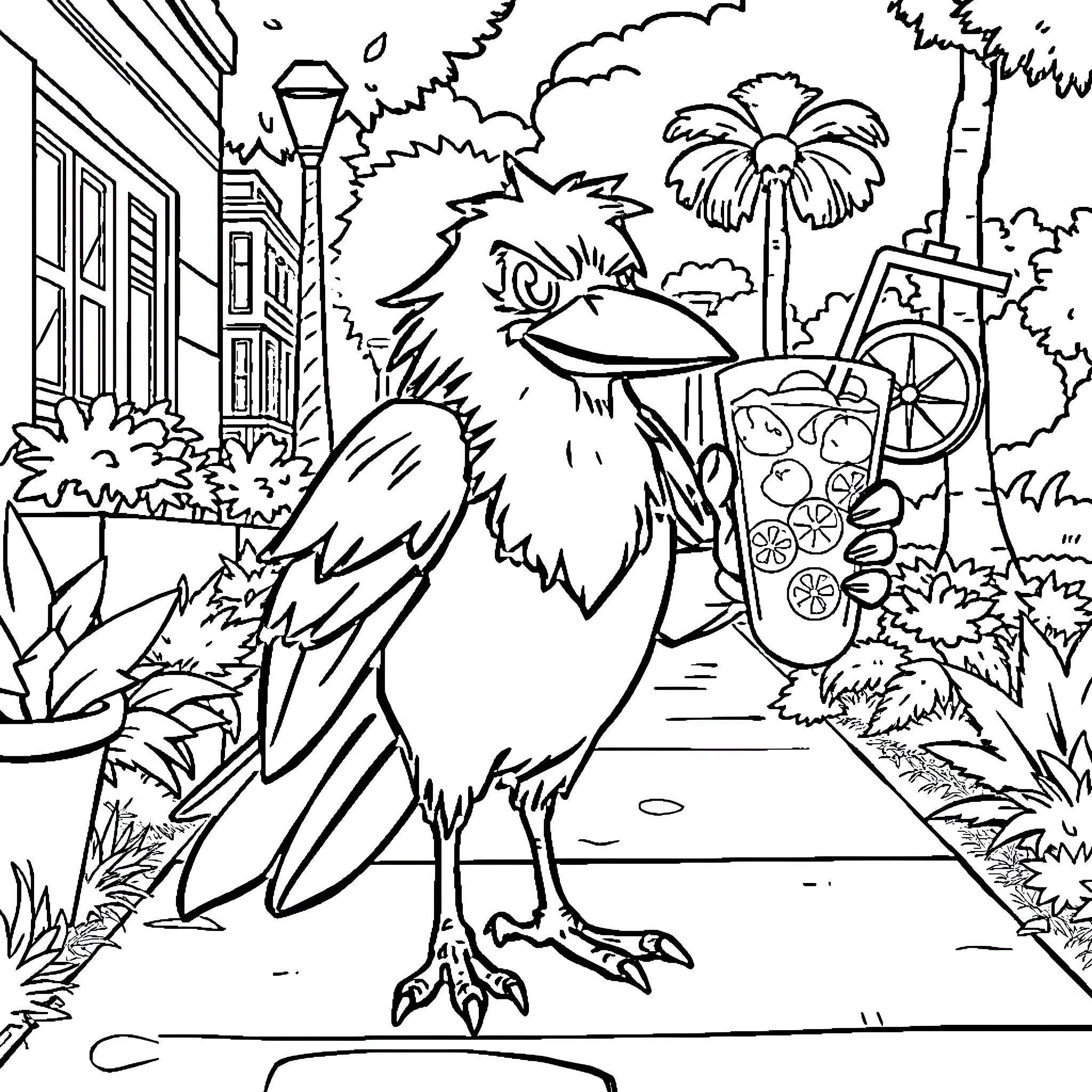 Crow observing the bustling urban scene Coloring Page (free black-and-white line drawing printable PDF for all, from beginners to advanced learners, including children, teens, adults, and seniors)