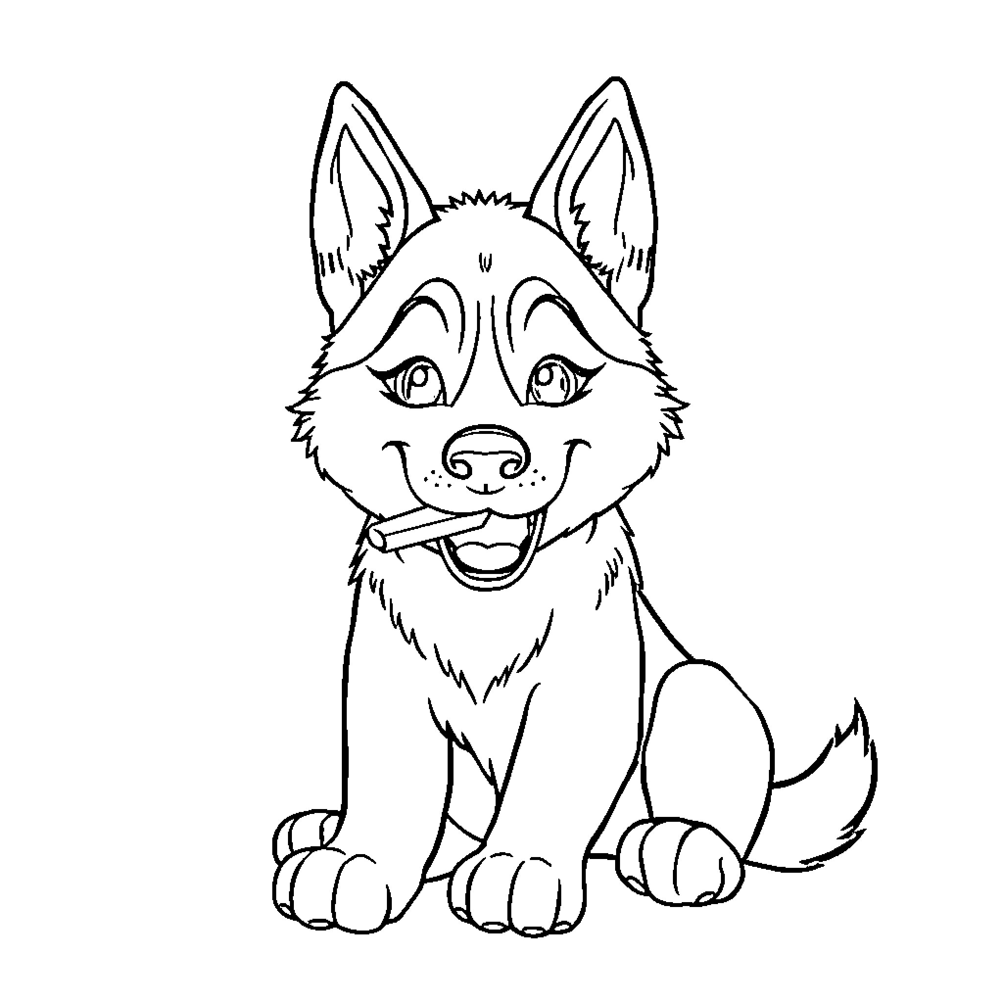 Husky pup with happy expression Coloring Page (free black-and-white line drawing printable PDF for all, from beginners to advanced learners, including children, teens, adults, and seniors)