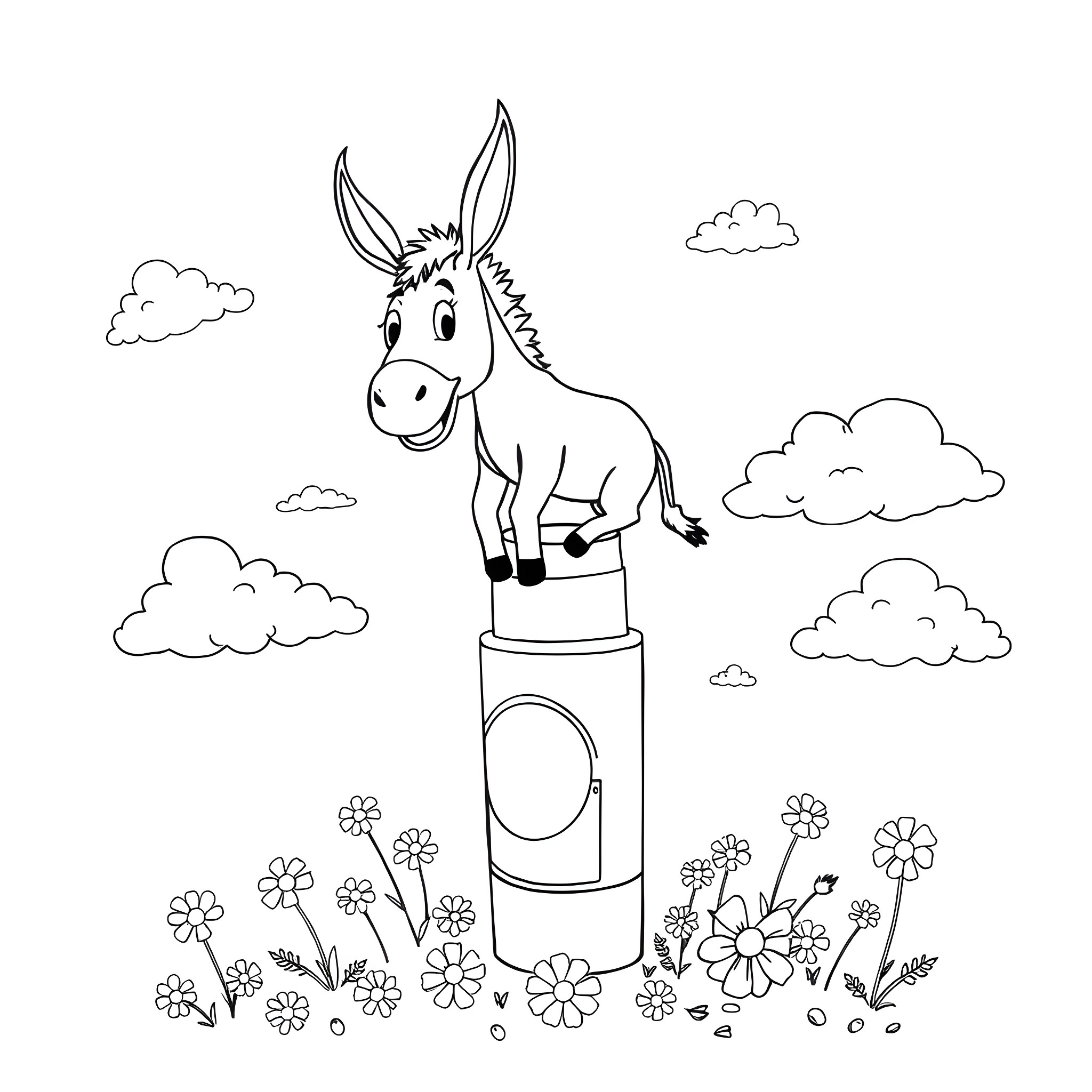 Donkey standing on a platform surrounded by flowers Coloring Page (free black-and-white line drawing printable PDF for all, from beginners to advanced learners, including children, teens, adults, and seniors)