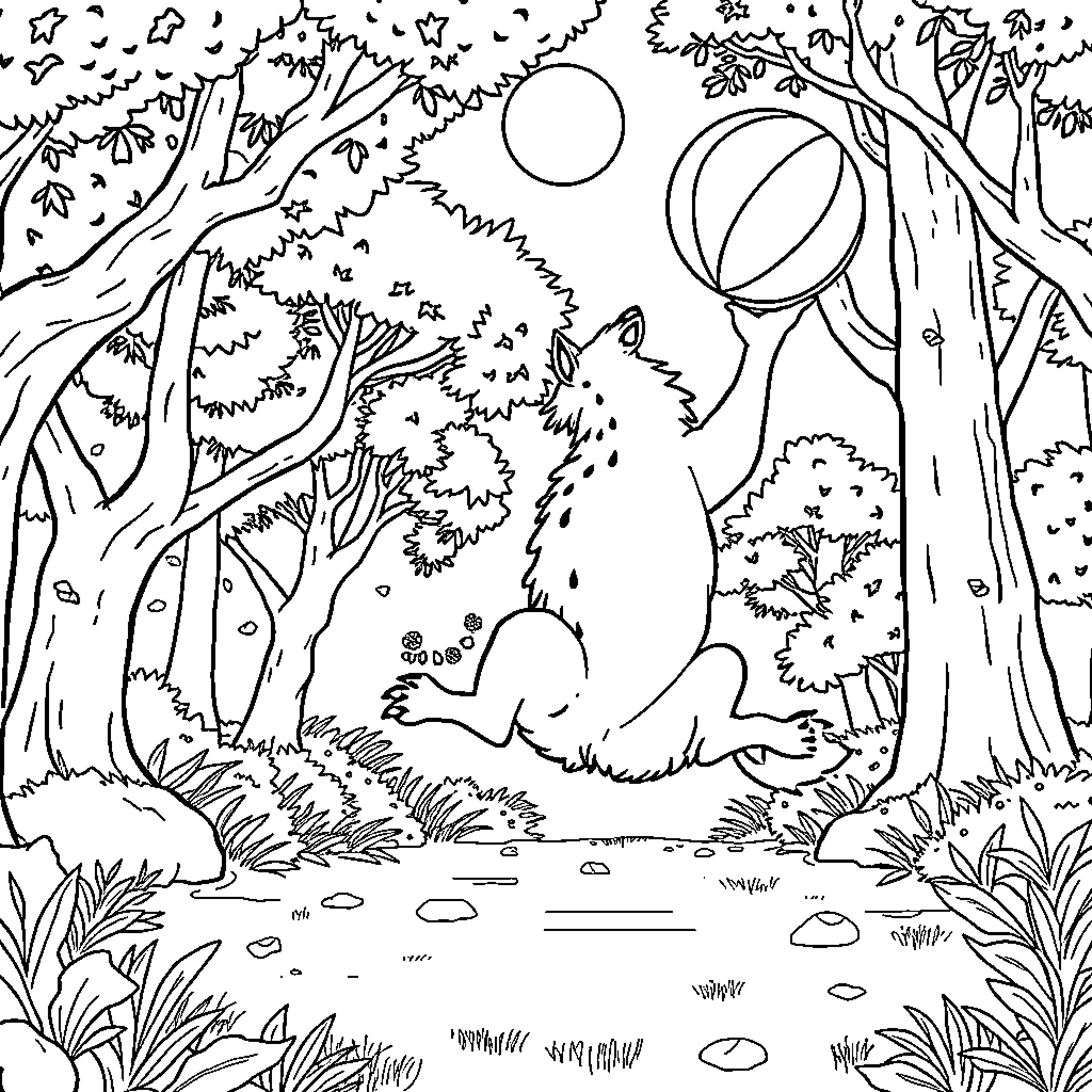 Deer in the Enchanted Forest Coloring Page (free black-and-white line drawing printable PDF for all, from beginners to advanced learners, including children, teens, adults, and seniors)