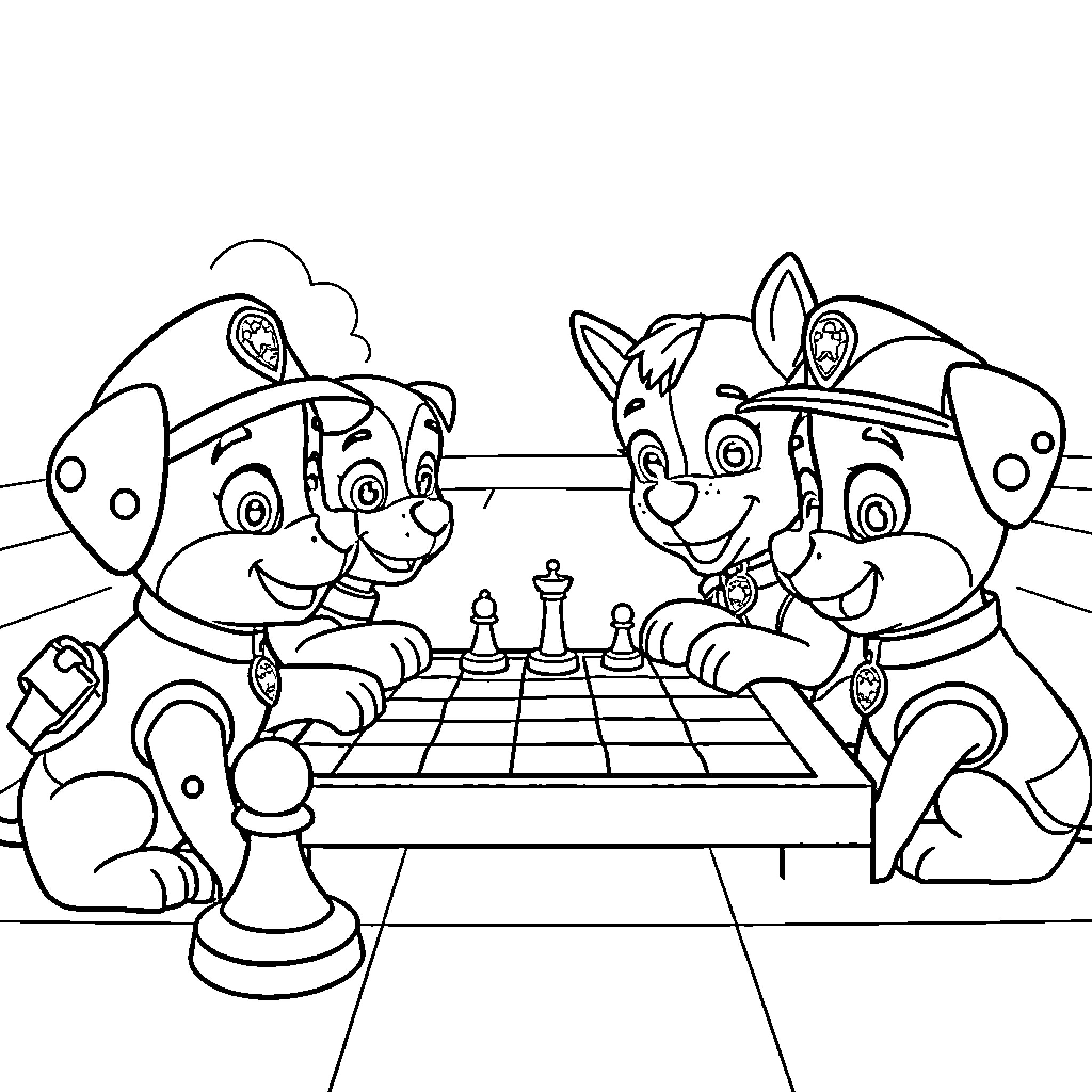 Paw Patrol Puppies Playing Chess Together Coloring Page (free black-and-white line drawing printable PDF for all, from beginners to advanced learners, including children, teens, adults, and seniors)