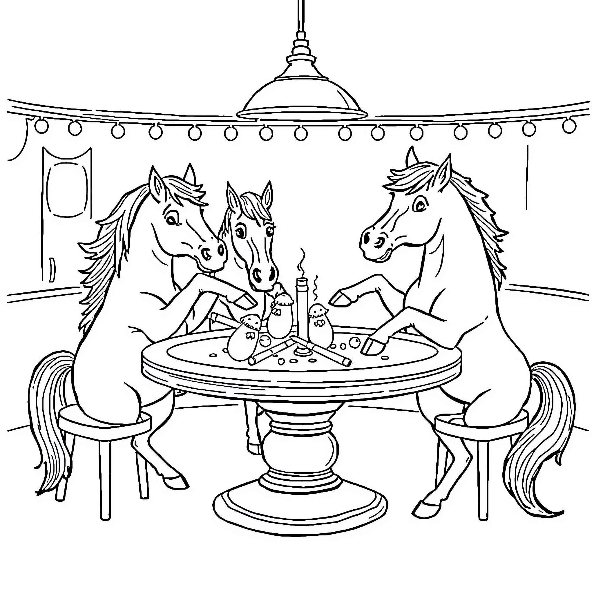 Dog dining at a festive table with horses Coloring Page (free black-and-white line drawing printable PDF for all, from beginners to advanced learners, including children, teens, adults, and seniors)