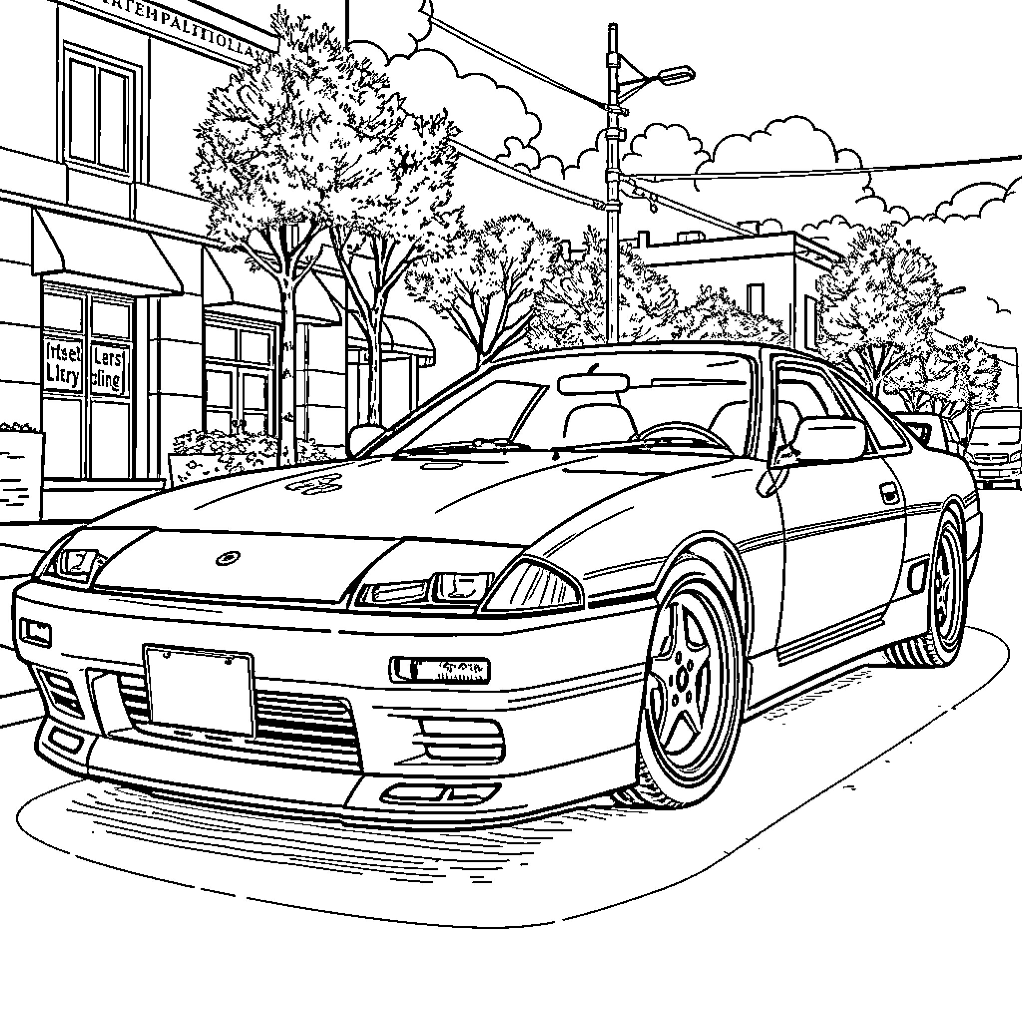 240sx sports car on urban street Coloring Page (free black-and-white line drawing printable PDF for all, from beginners to advanced learners, including children, teens, adults, and seniors)