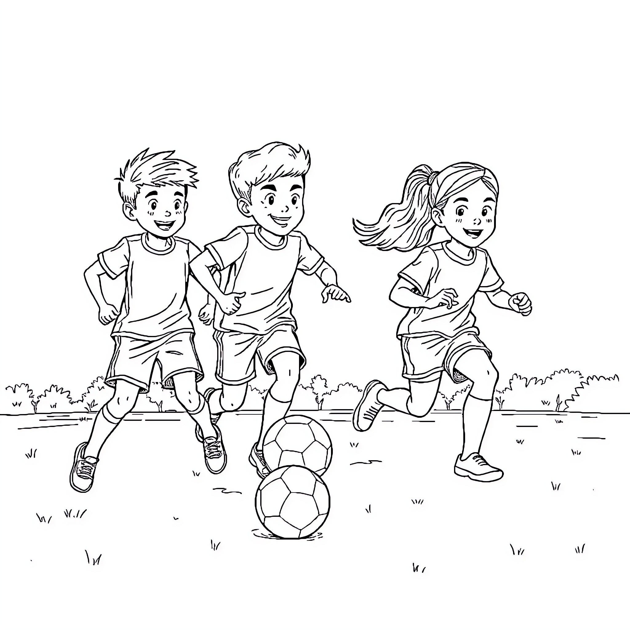 Children playing soccer happily outdoors Coloring Page (free black-and-white line drawing printable PDF for all, from beginners to advanced learners, including children, teens, adults, and seniors)