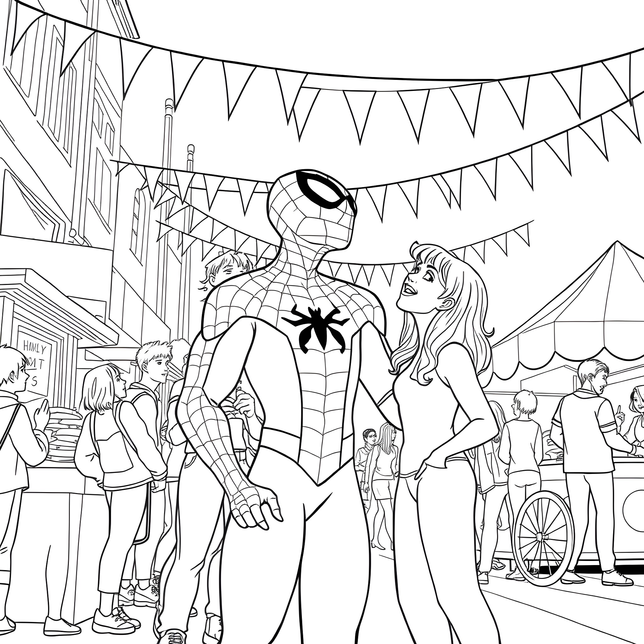 Spidey Swinging in Festive Street Scene Coloring Page (free black-and-white line drawing printable PDF for all, from beginners to advanced learners, including children, teens, adults, and seniors)