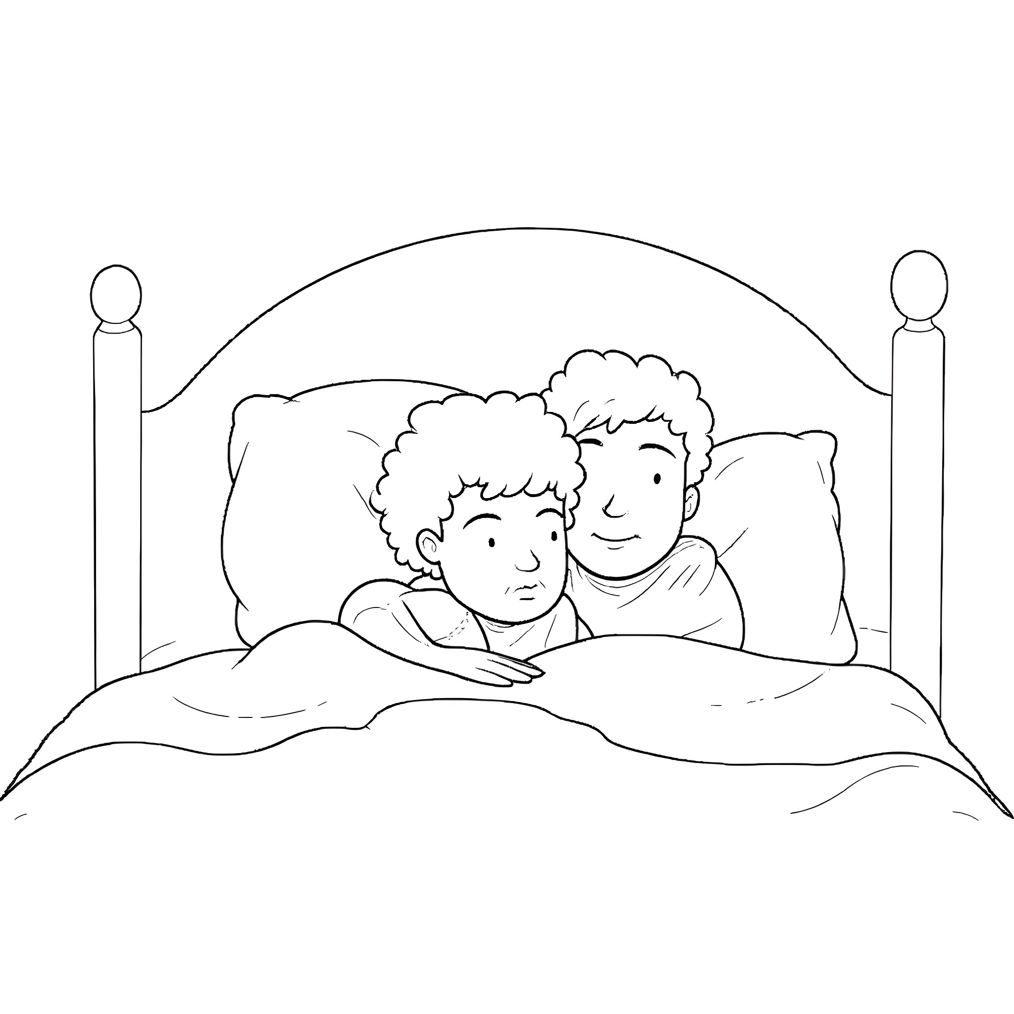 Adam and friend cuddling in bed Coloring Page (free black-and-white line drawing printable PDF for all, from beginners to advanced learners, including children, teens, adults, and seniors)