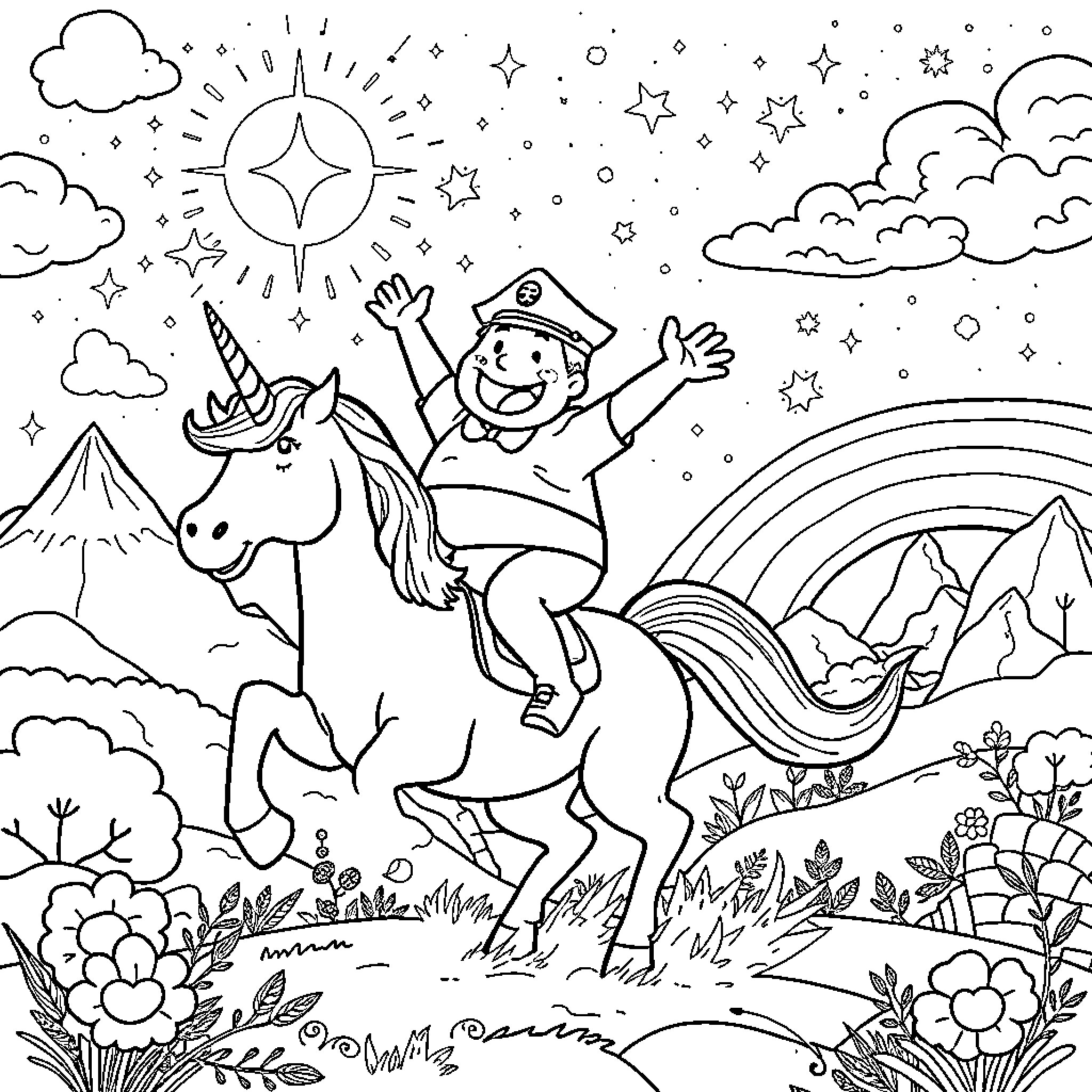 Captain Underpants Rides a Magical Unicorn through a Fantasy Landscape Coloring Page (free black-and-white line drawing printable PDF for all, from beginners to advanced learners, including children, teens, adults, and seniors)