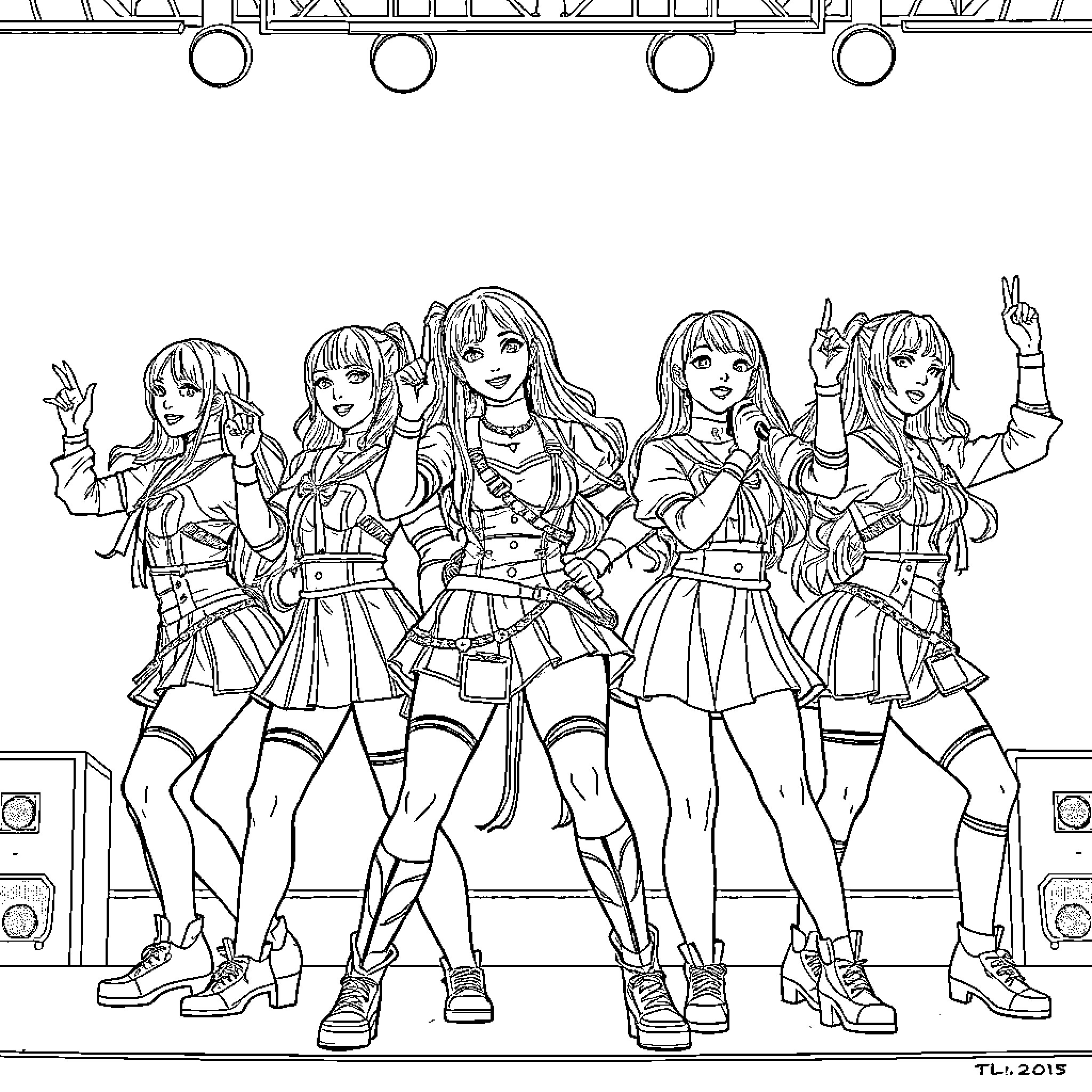K Pop Warrior Idols Posing on Stage Coloring Page (free black-and-white line drawing printable PDF for all, from beginners to advanced learners, including children, teens, adults, and seniors)