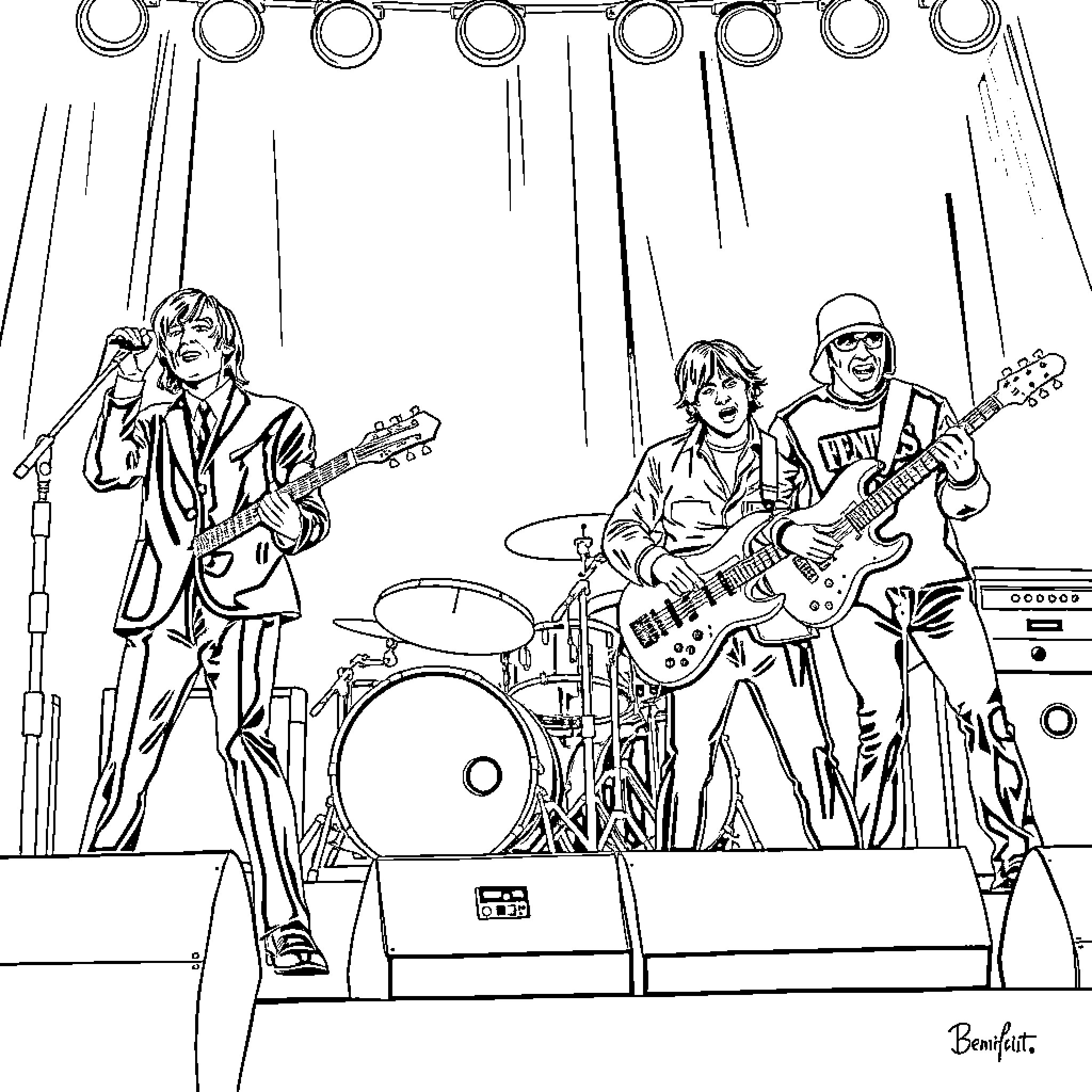 Band performing energetic rock music on stage Coloring Page (free black-and-white line drawing printable PDF for all, from beginners to advanced learners, including children, teens, adults, and seniors)