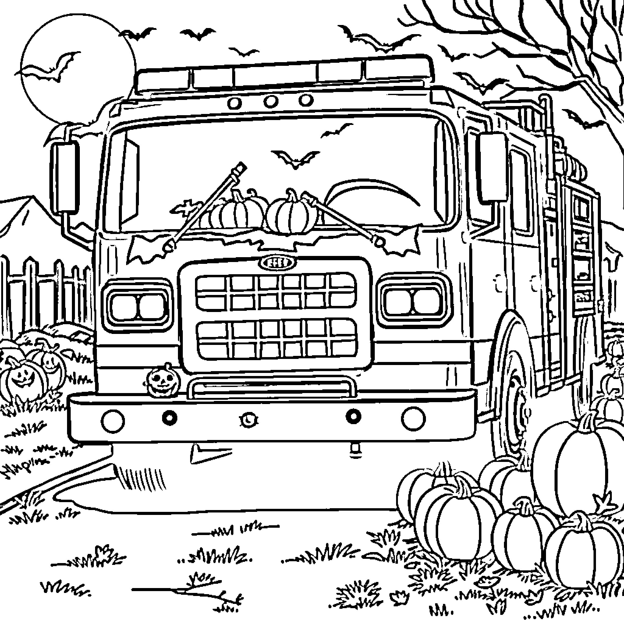 Fire Truck Transporting Pumpkins on a Spooky Night Coloring Page (free black-and-white line drawing printable PDF for all, from beginners to advanced learners, including children, teens, adults, and seniors)