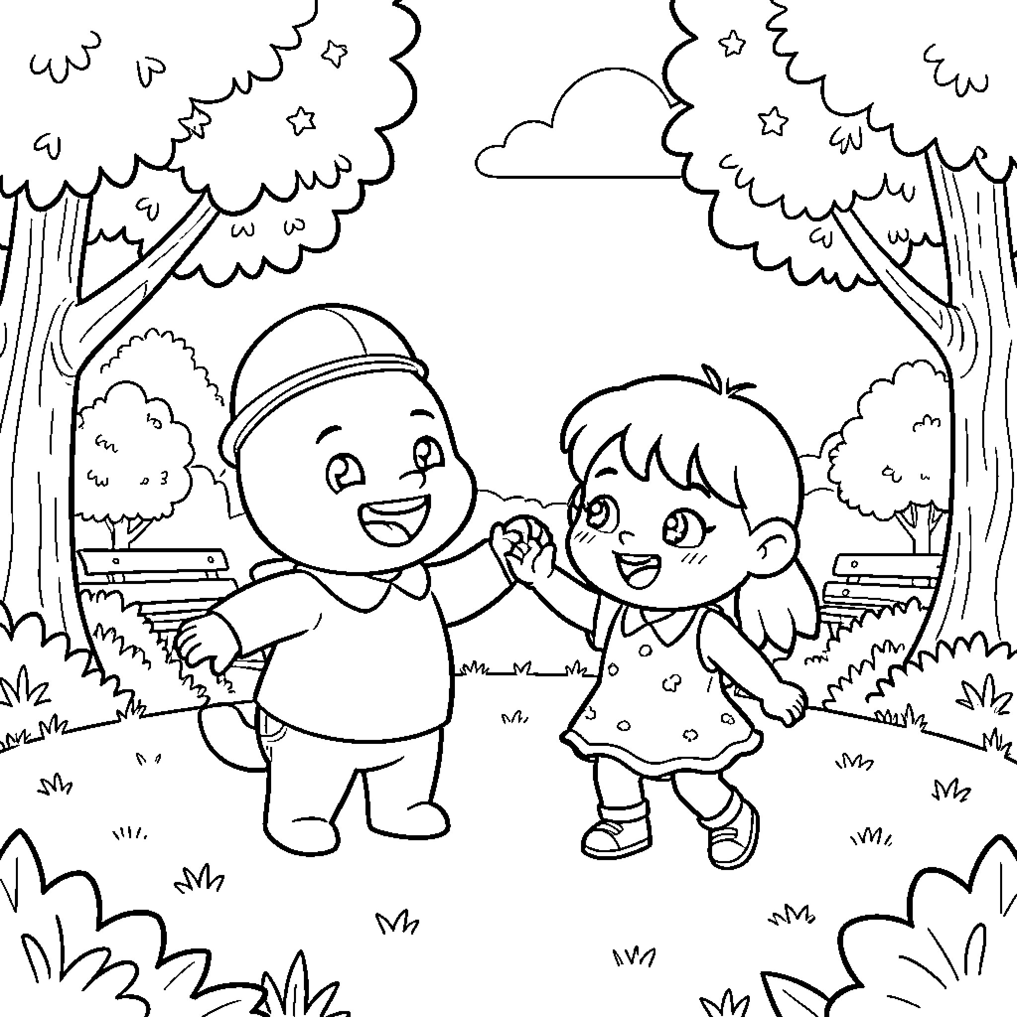 Wolfoo and friend enjoying the outdoors Coloring Page (free black-and-white line drawing printable PDF for all, from beginners to advanced learners, including children, teens, adults, and seniors)