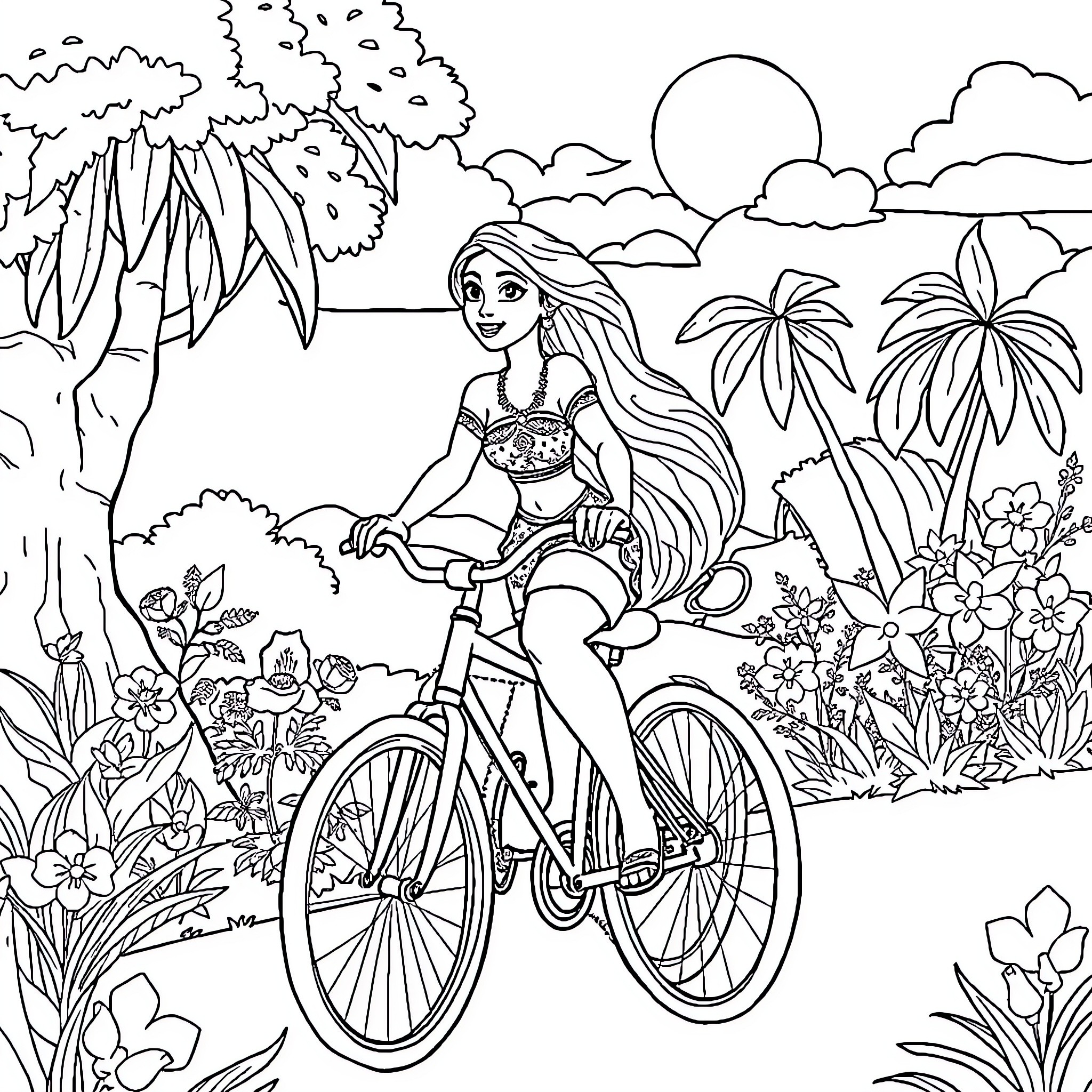 Vaiana enjoying a bike ride in a tropical paradise Coloring Page (free black-and-white line drawing printable PDF for all, from beginners to advanced learners, including children, teens, adults, and seniors)