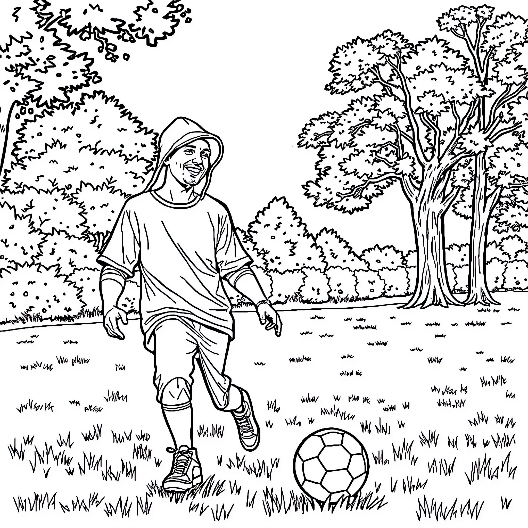 Eminem kicking a soccer ball in the park Coloring Page (free black-and-white line drawing printable PDF for all, from beginners to advanced learners, including children, teens, adults, and seniors)