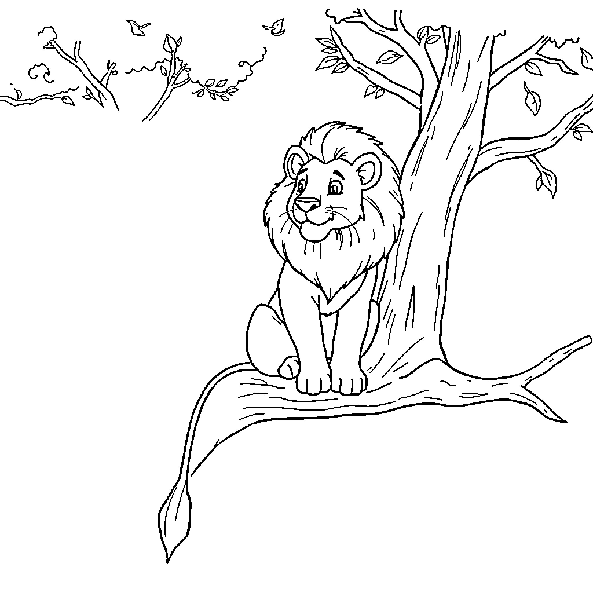 Lion relaxing peacefully in the wilderness Coloring Page (free black-and-white line drawing printable PDF for all, from beginners to advanced learners, including children, teens, adults, and seniors)