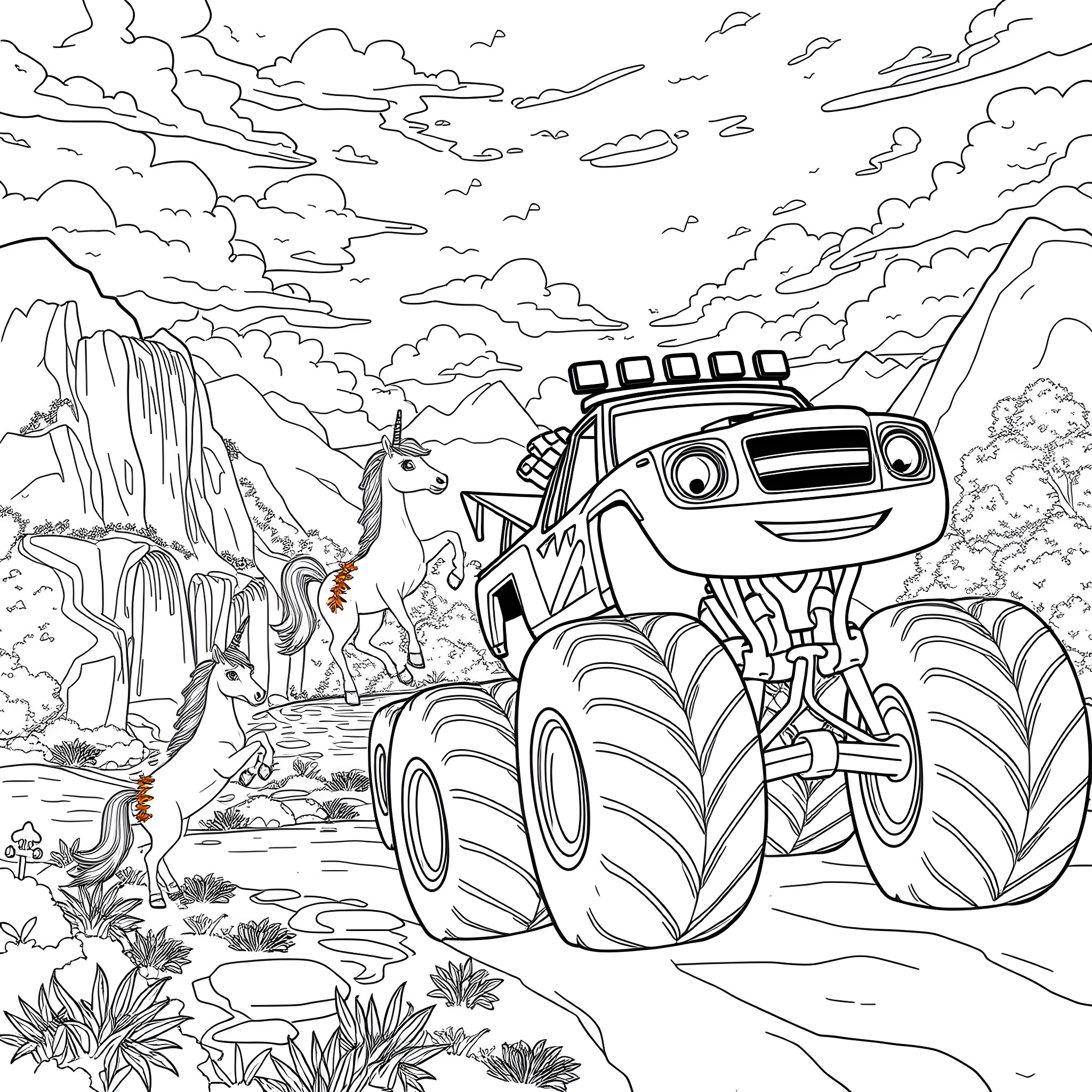 Blaze's Monster Truck Adventure in the Wild Coloring Page (free black-and-white line drawing printable PDF for all, from beginners to advanced learners, including children, teens, adults, and seniors)