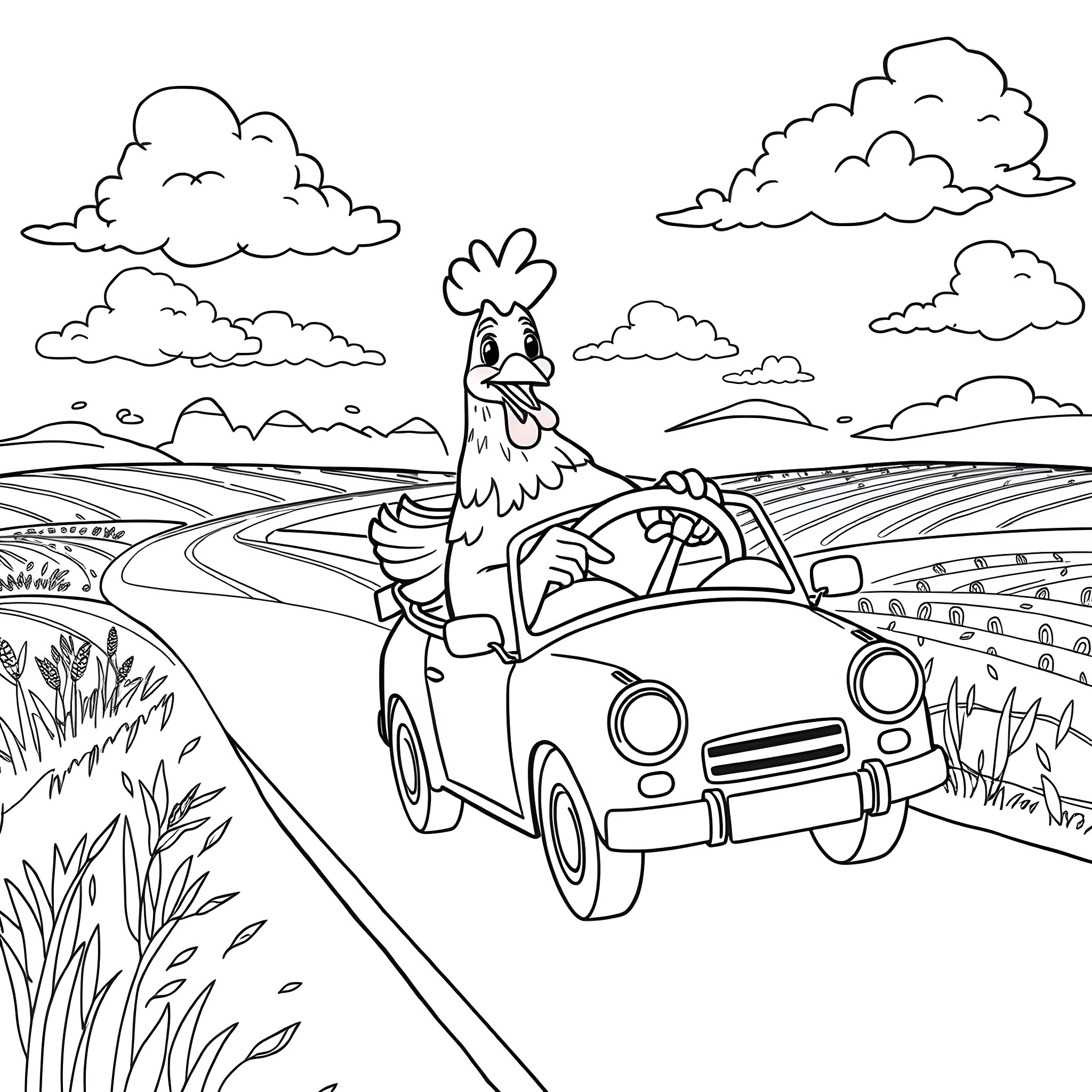 Chicken hitching a ride on a car in the countryside Coloring Page (free black-and-white line drawing printable PDF for all, from beginners to advanced learners, including children, teens, adults, and seniors)